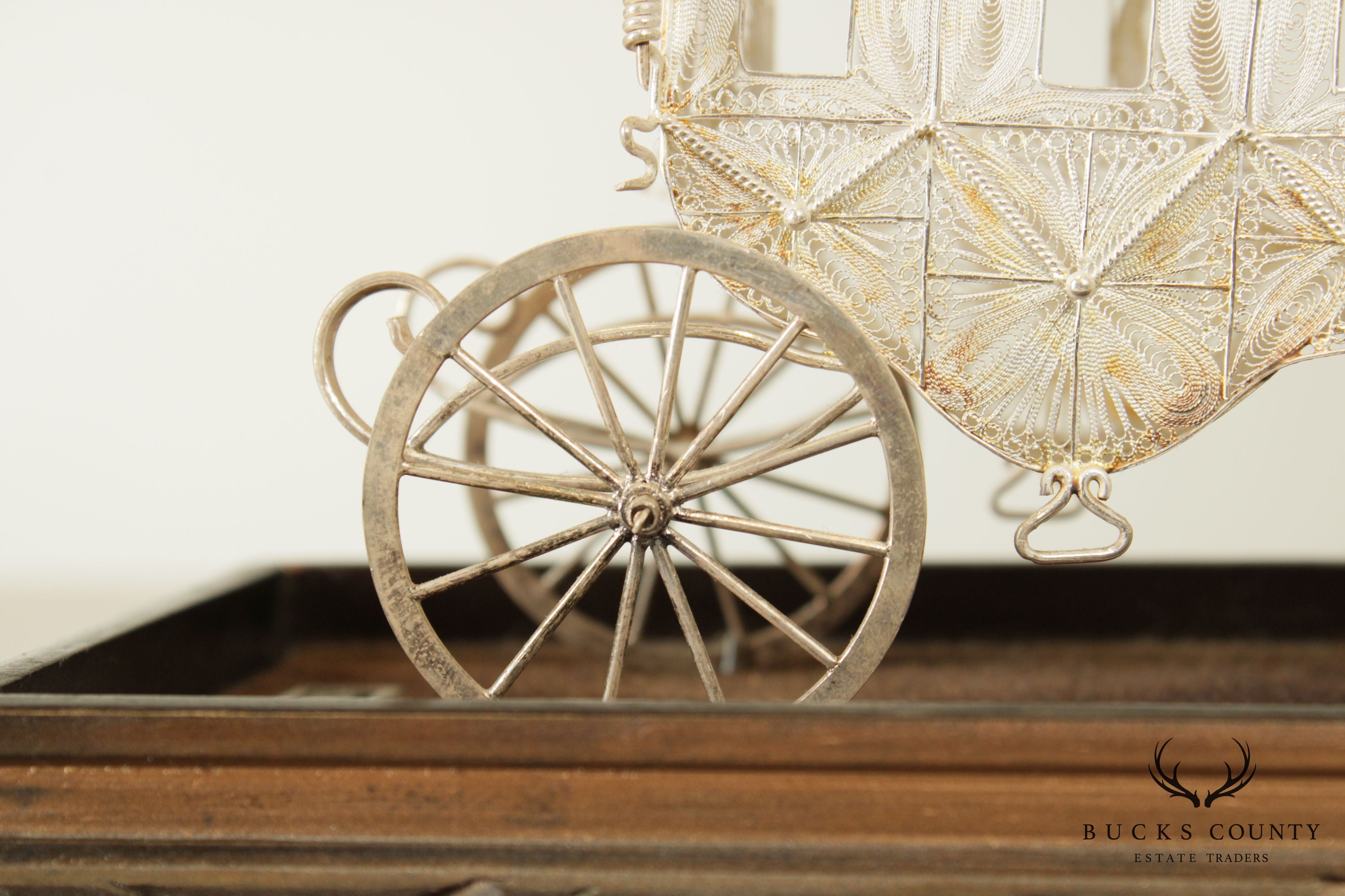 Sterling Silver Wire & Filigree Carriage with Driver and Four Horses, Carved Wood Base