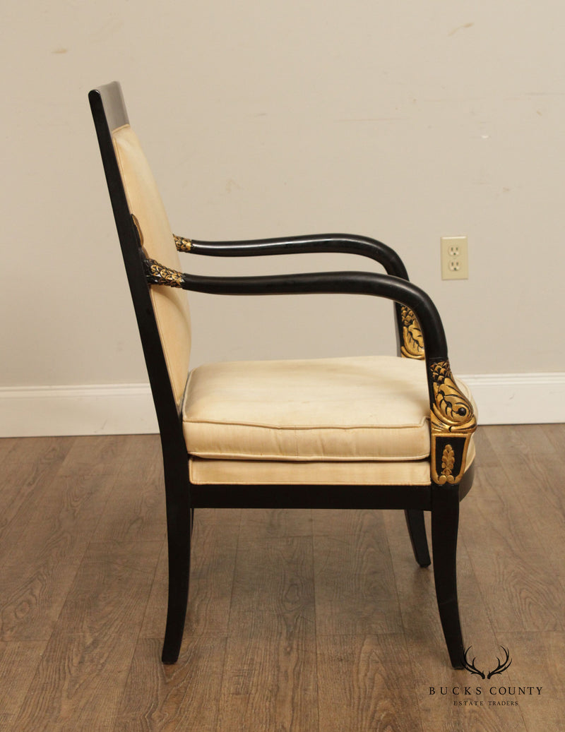 French Empire Style Pair of Ebonized Partial Gilt Dolphin Carved Armchairs