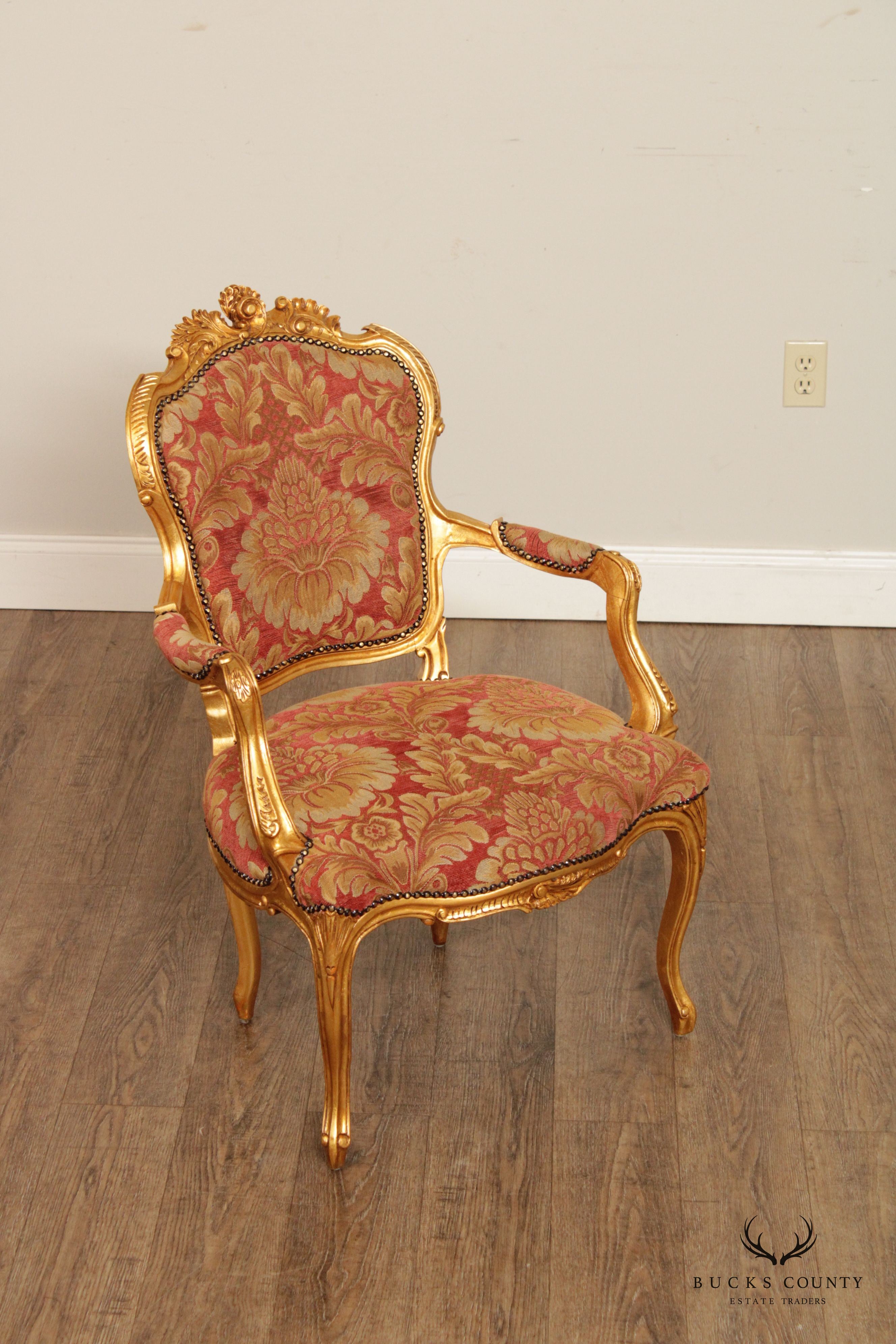 French Louis XV Style Giltwood Fauteuil Armchair