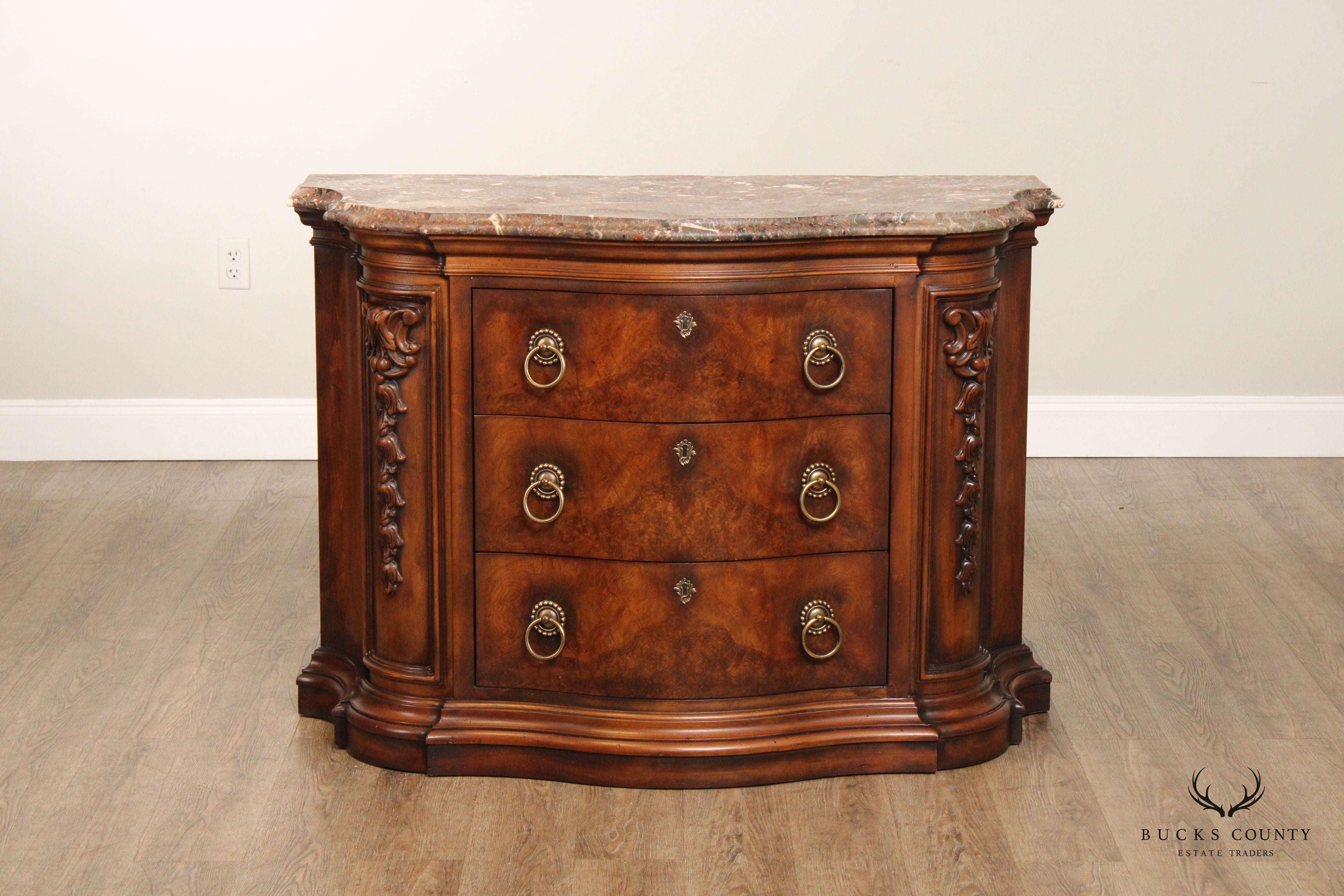 Henredon Tuscan Style Burl Walnut Marble Top Commode