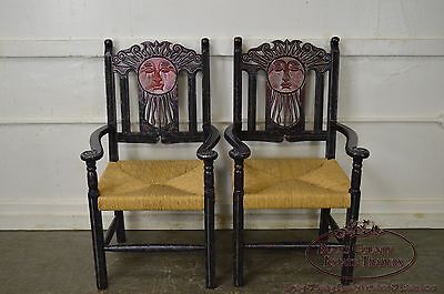 Custom Pair of Hand Painted Mexican Sun Gods Carved Rush Seat Arm Chairs