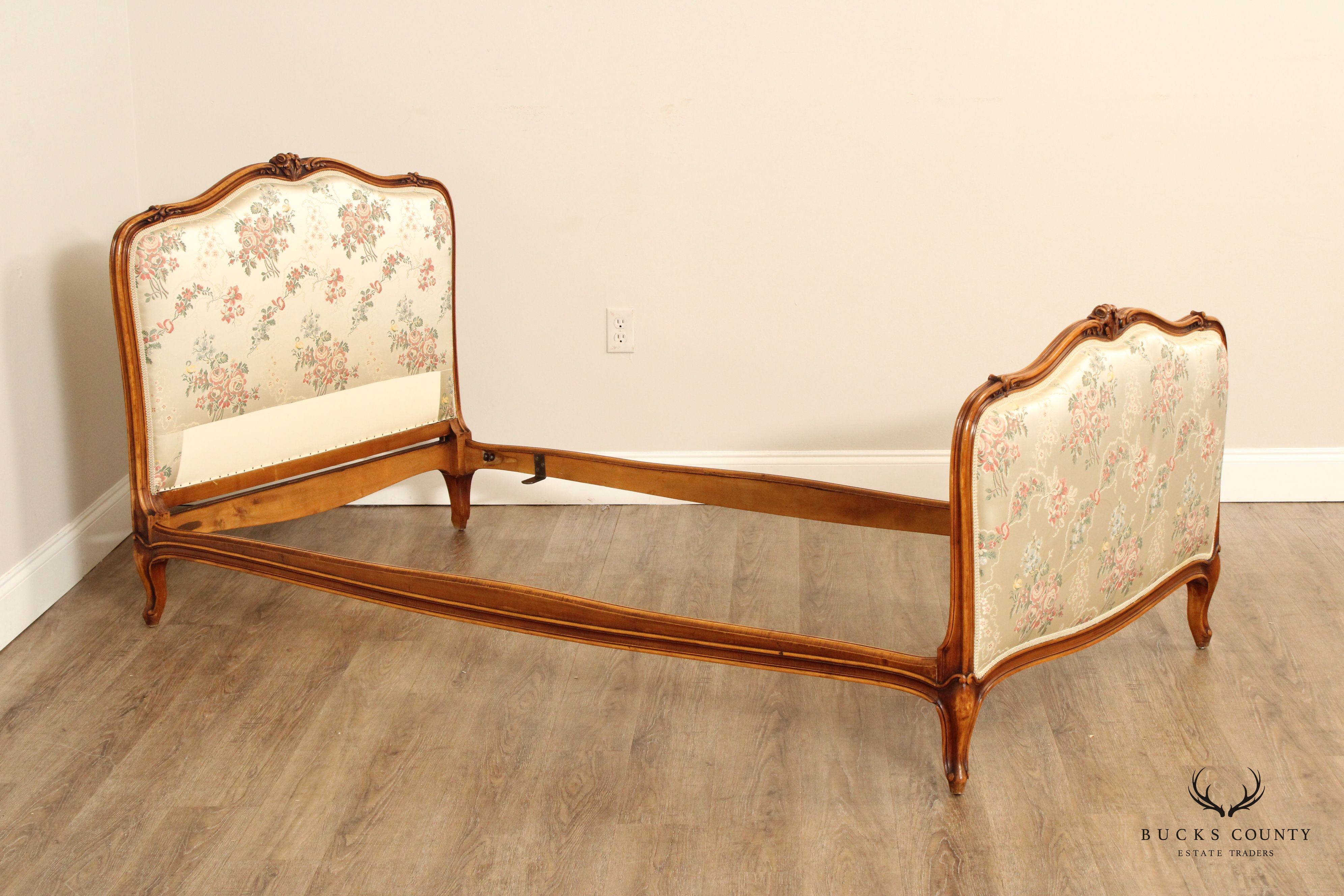 French Louis XV Style Pair Of Carved Frame Upholstered Twin Beds