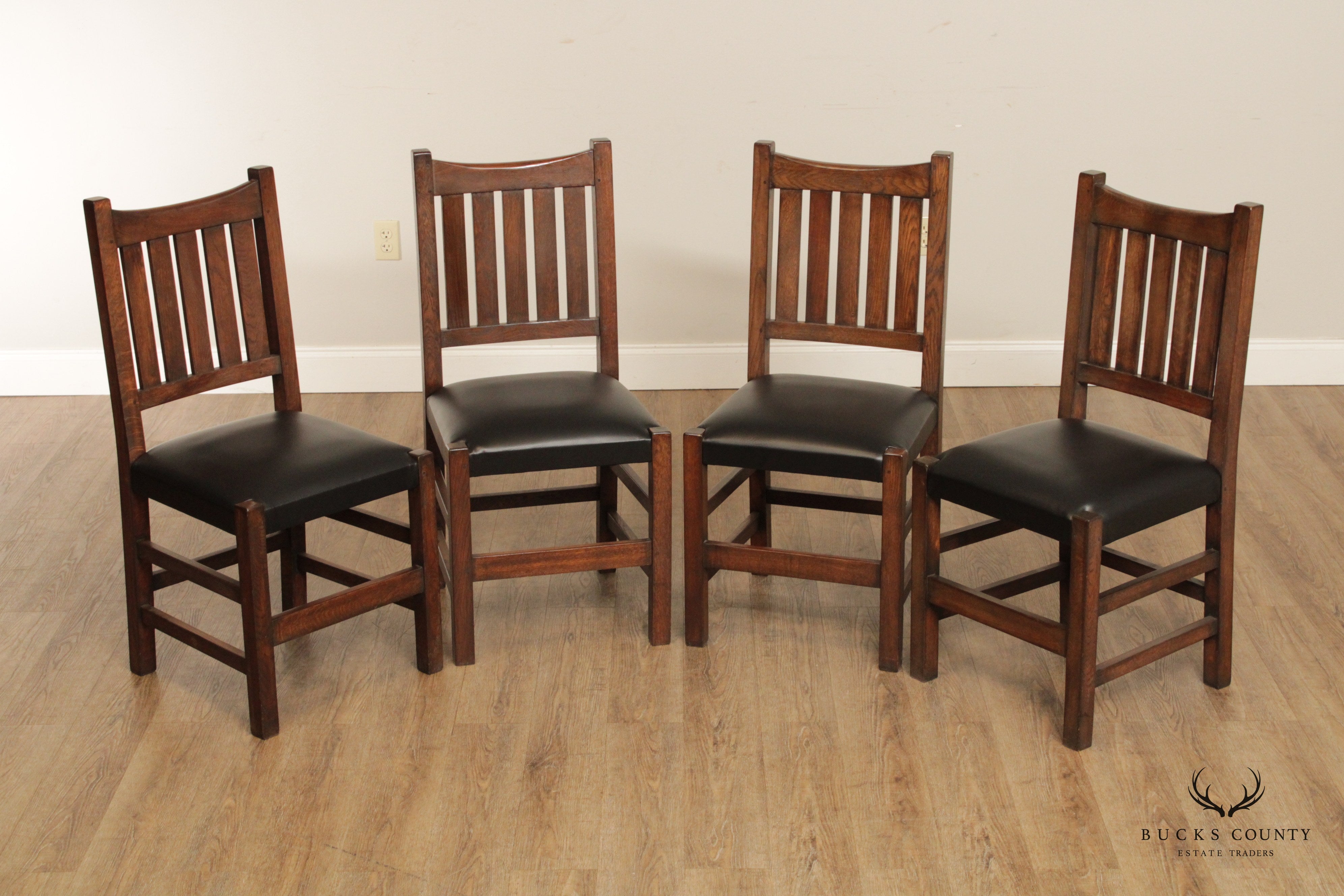 Mission Style Set of Four Solid Oak Dining Side Chairs