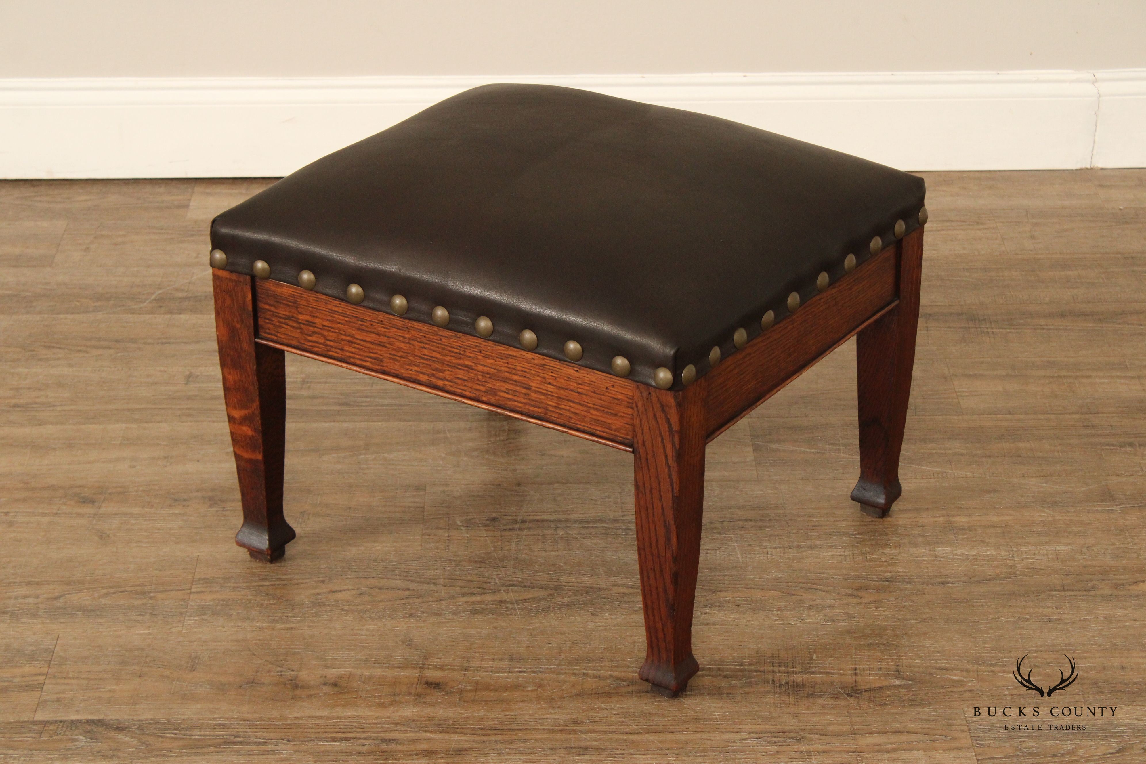 ANTIQUE MISSION OAK AND LEATHER FOOTSTOOL