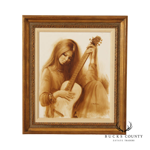 Laurence W. Whittaker Woman Playing Guitar Portrait Original Painting