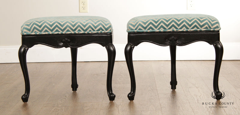 French Louis XV Style Ebonized Pair of Custom Upholstered Demilune Stools