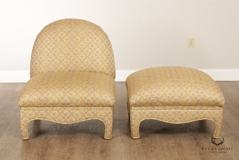Hollywood Regency Style Custom Upholstered Chair and Ottoman