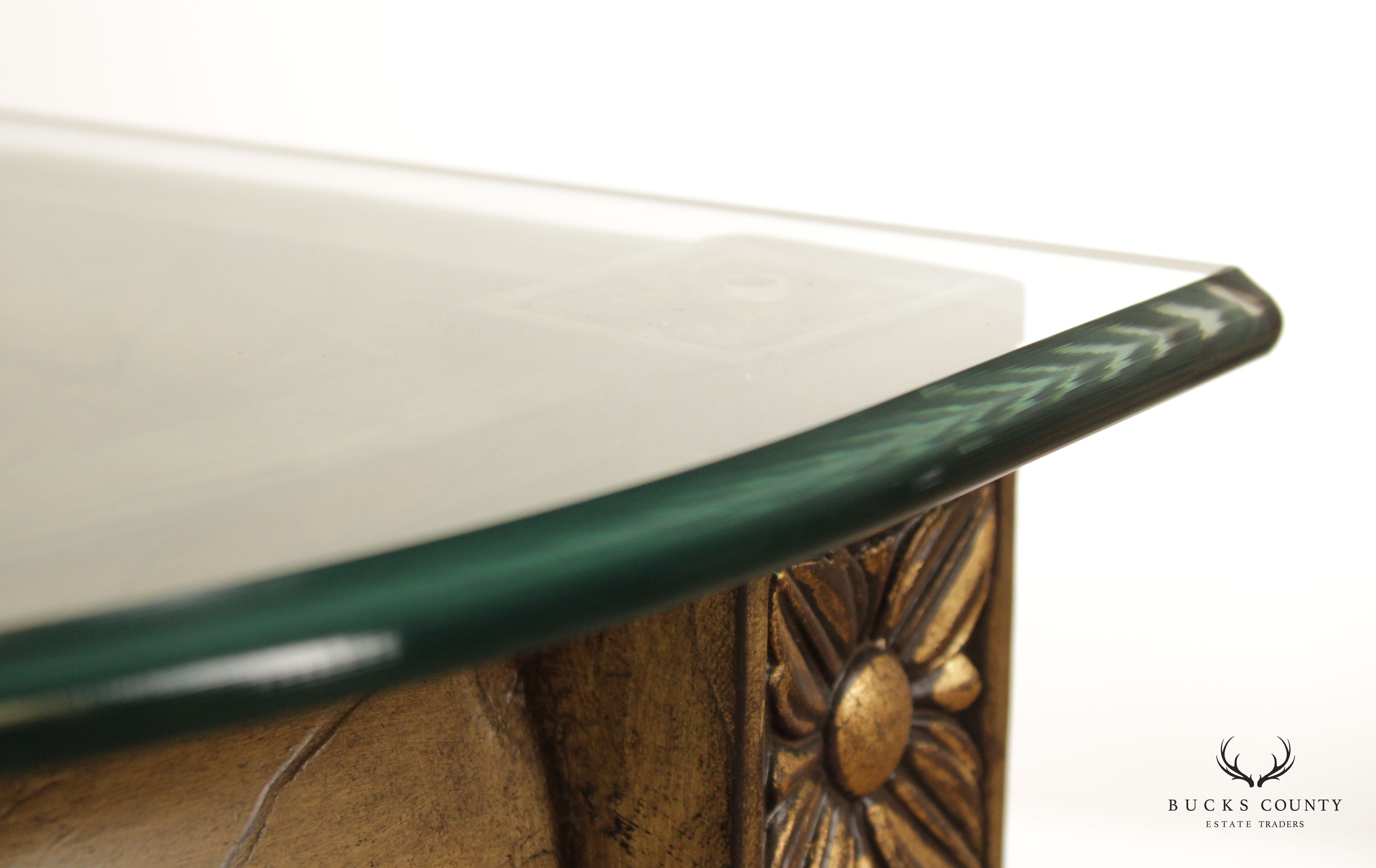 French Louis XVI Style Glass Top Demilune Console Table