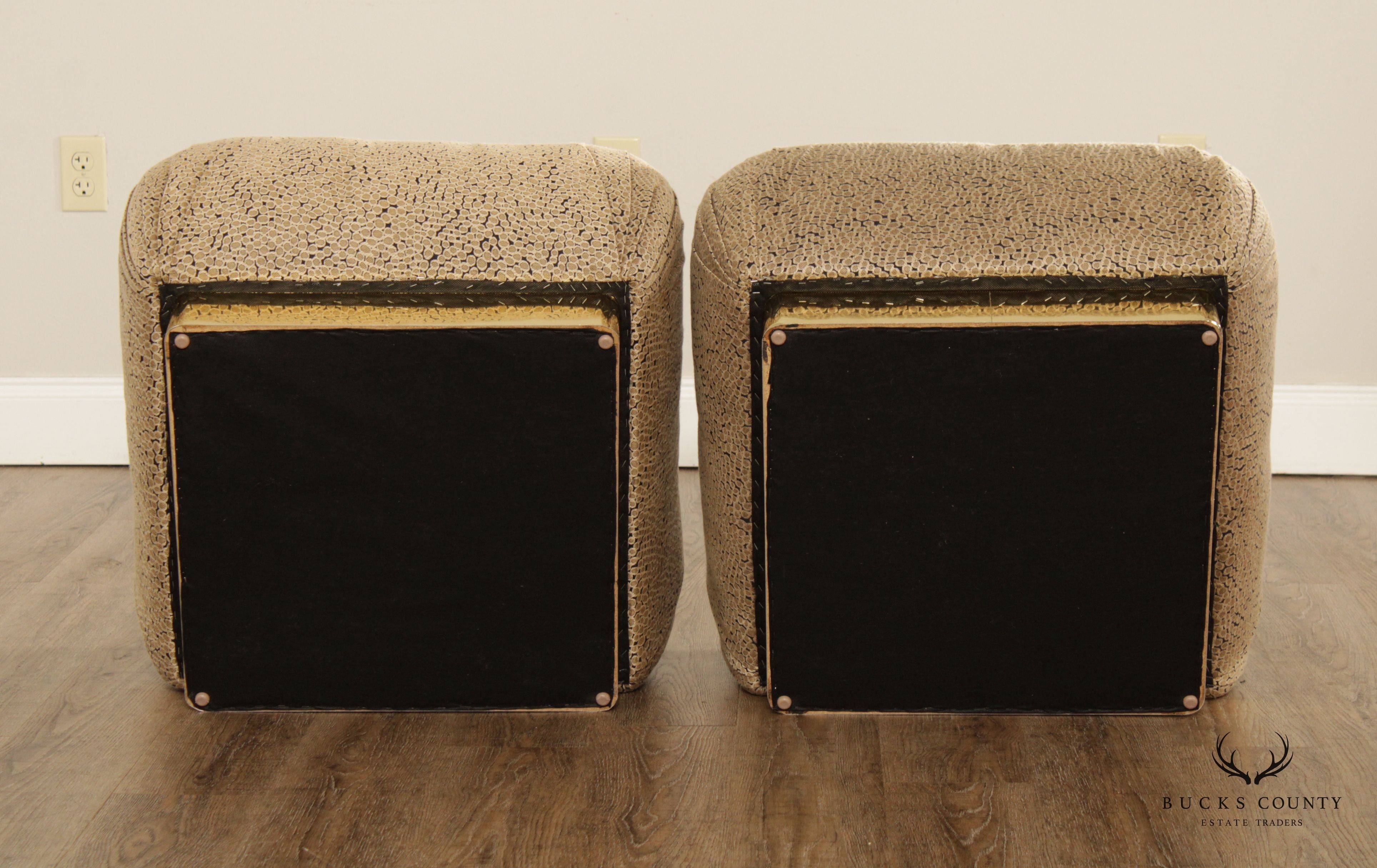 Hollywood Regency Pair Custom Upholstered Brass Ottomans