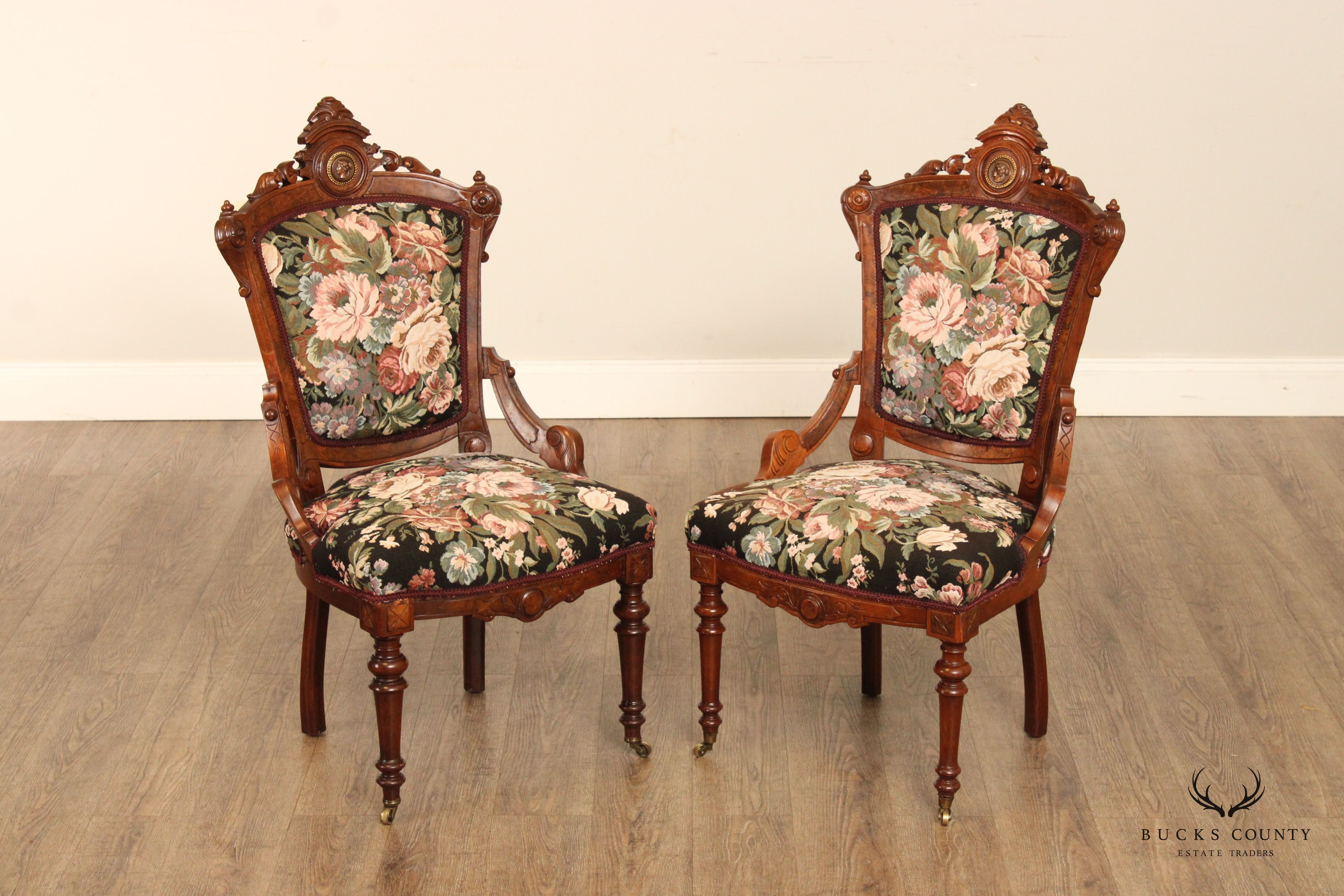 Antique Renaissance Revival Pair of Carved Walnut Armchairs