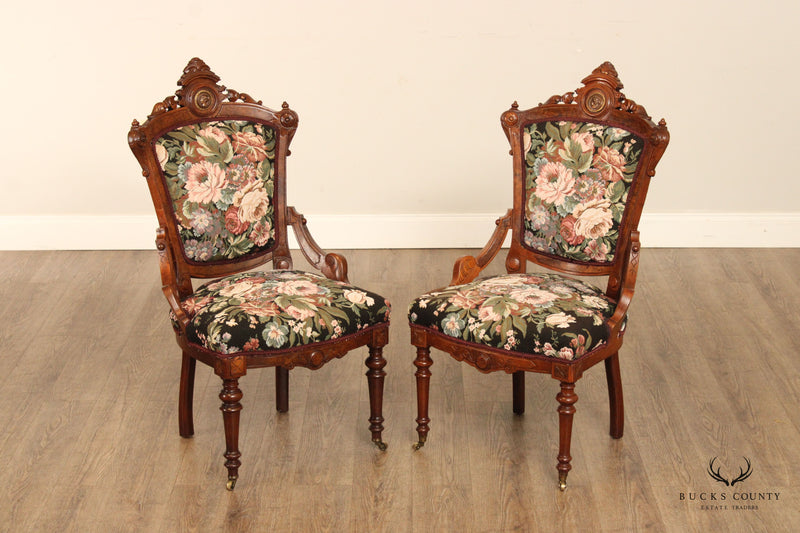 Antique Renaissance Revival Pair of Carved Walnut Armchairs