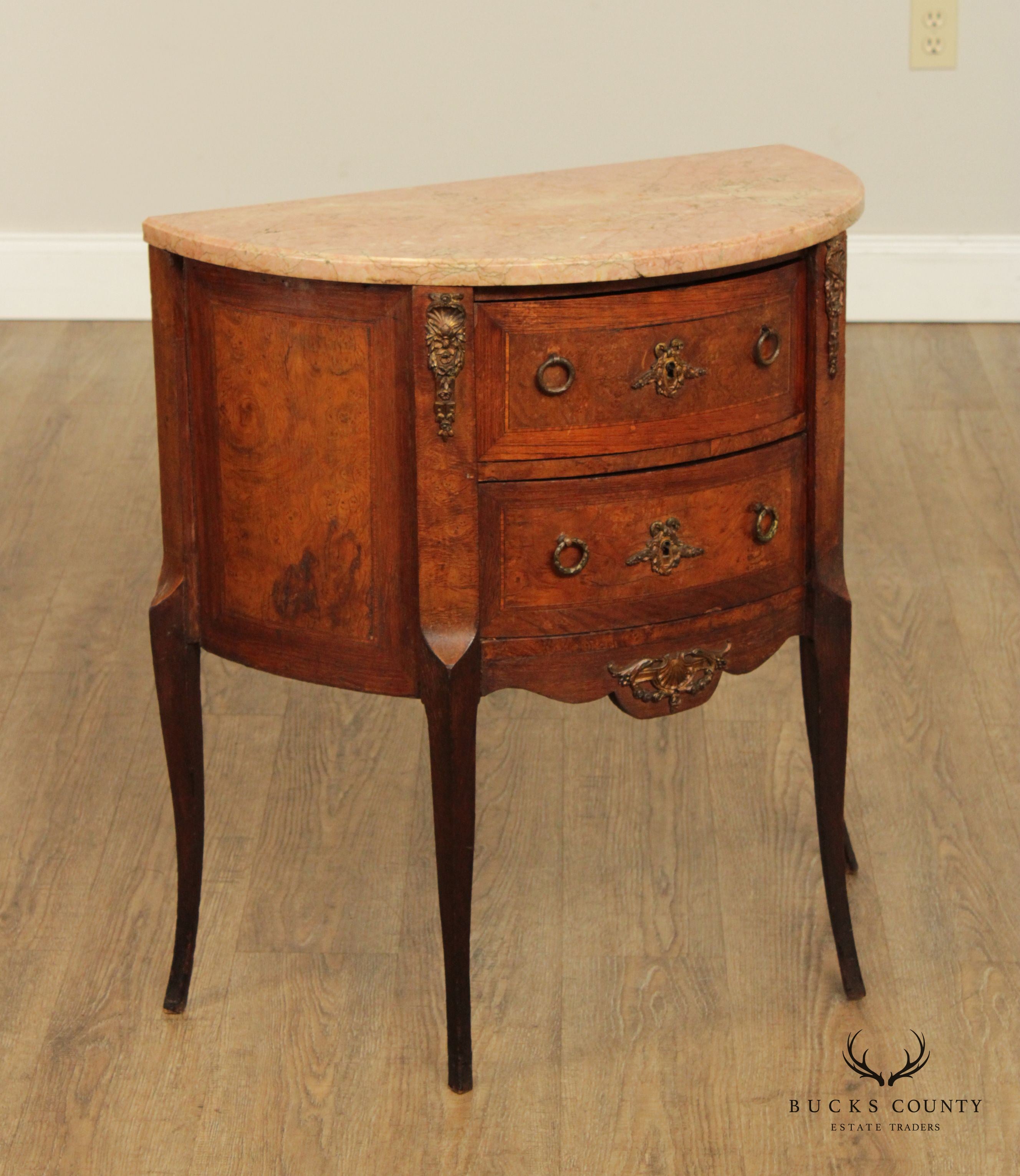 Antique French Louis XV Style Oak and Burlwood Marble Top Commode