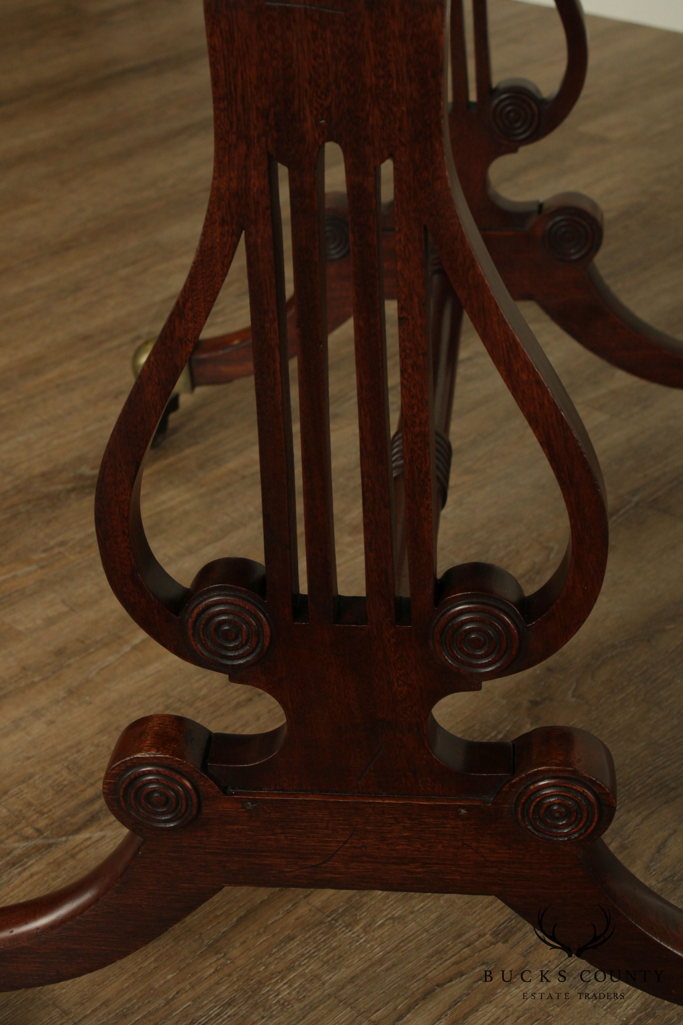 Antique English Regency Style Mahogany Lyre Base Console Library Table