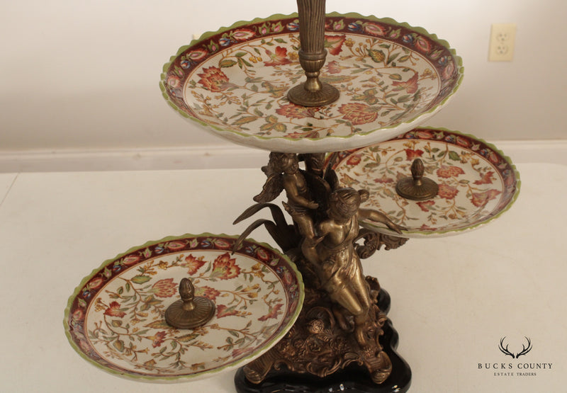 Castilian Imports Rococo Style Porcelain and Brass Tiered Centerpiece