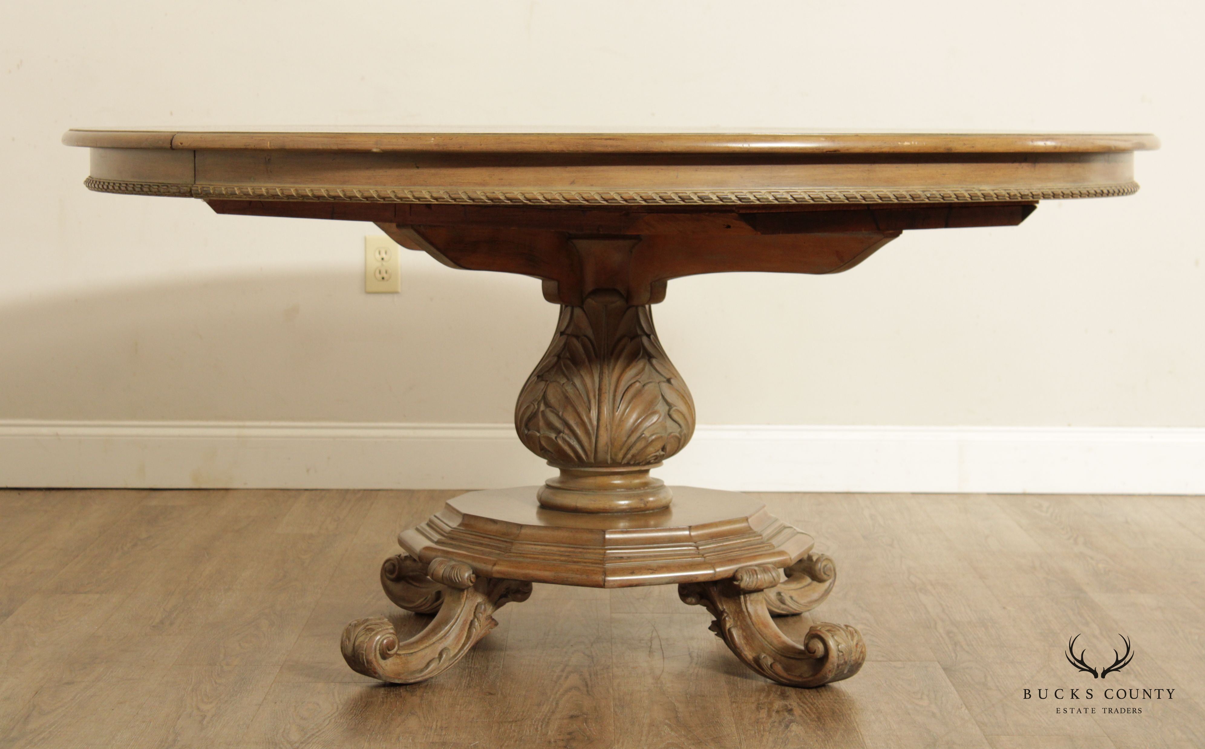 Rustic European Style Round Parquetry Top Pedestal Dining Table