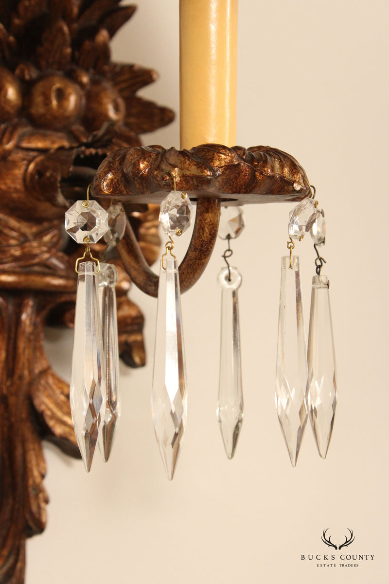 Italian Renaissance Style Pair of Carved Wall Sconces With Prisms