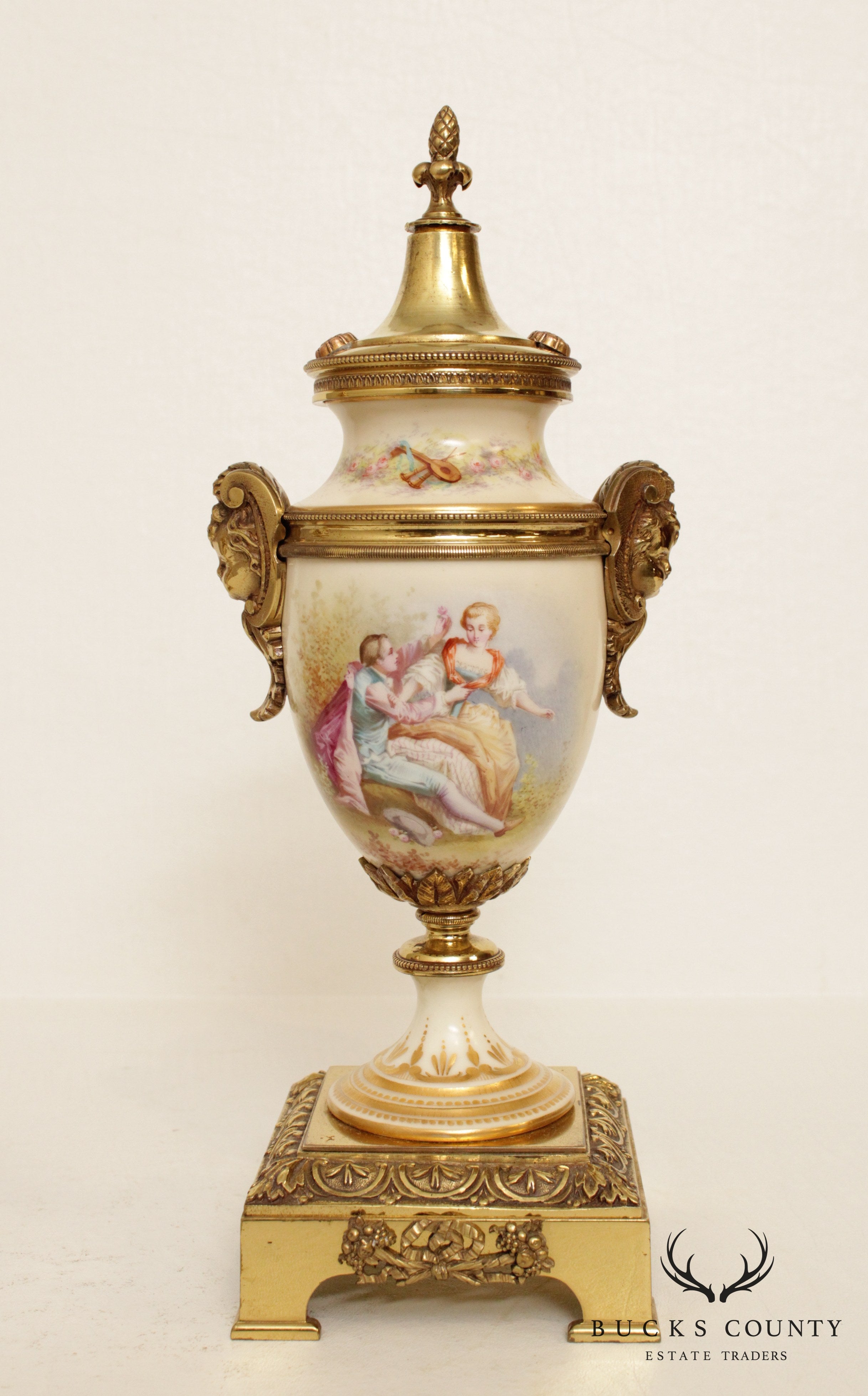 Antique French Sevres Style Porcelain & Brass Urns