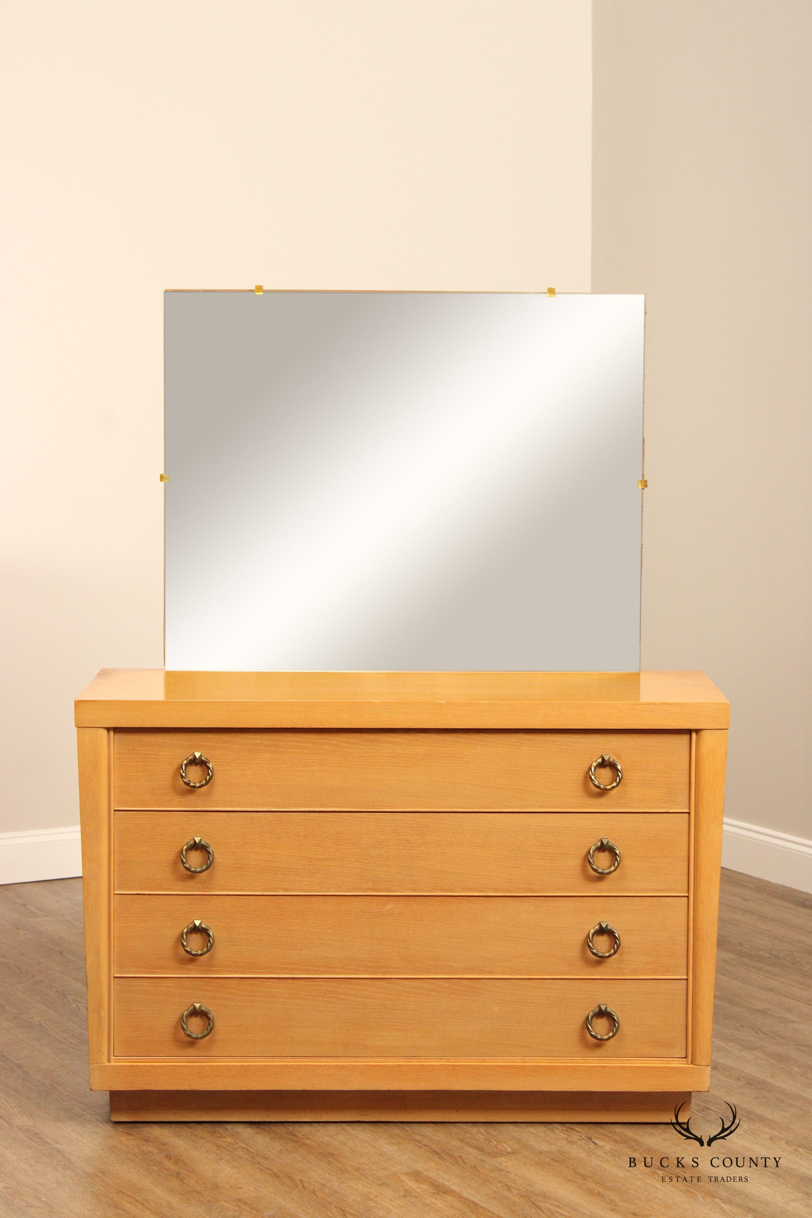 1950's Mid Century Modern Blonde Wood  Chest of Drawers with Mirror