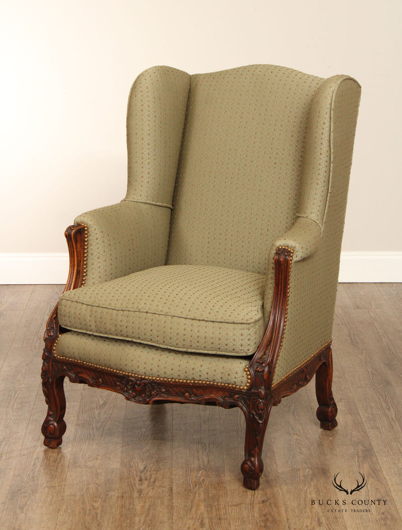 French Rococo Style Antique Carved Walnut Frame Wing Back Chair