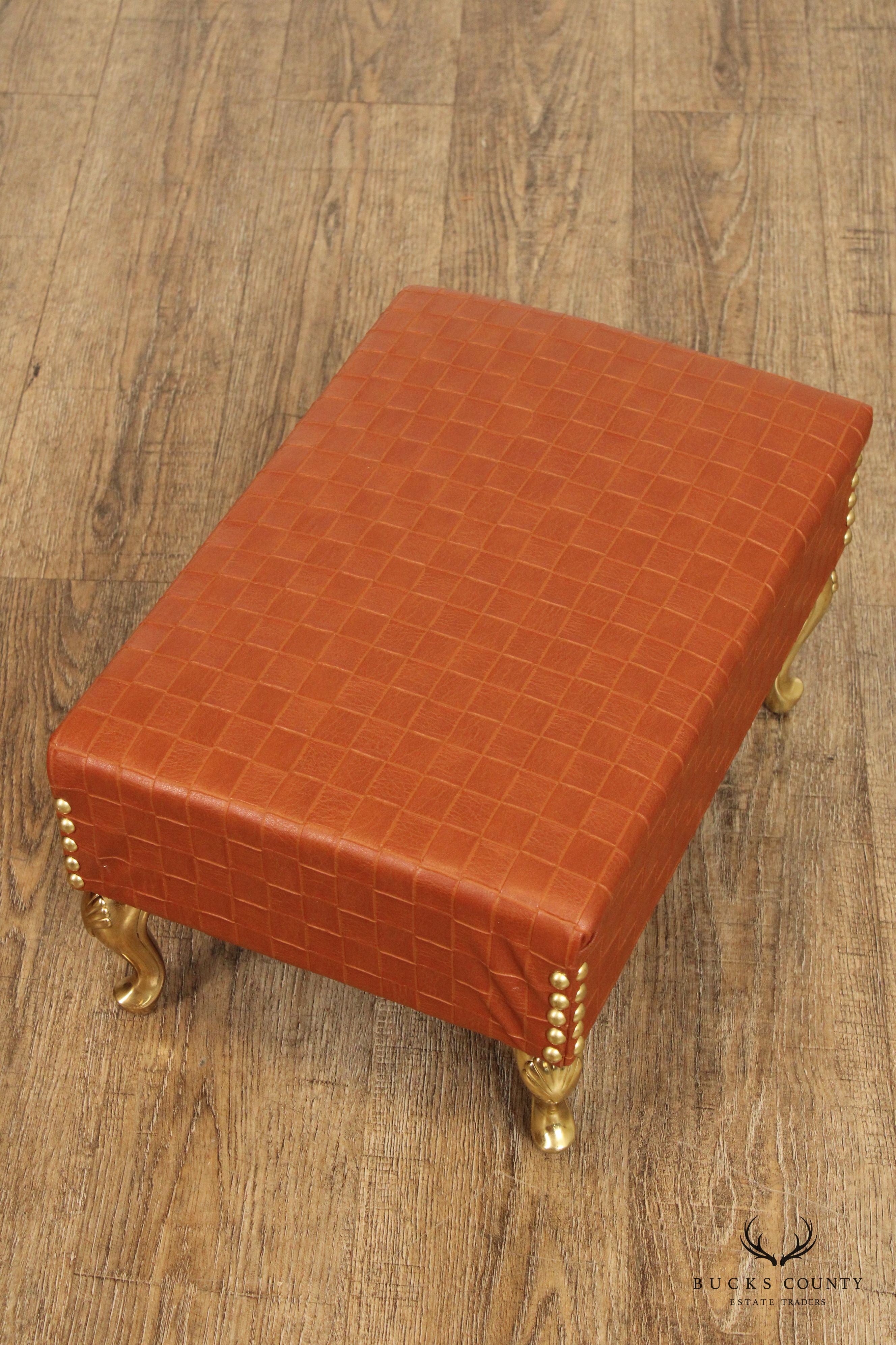 Italian Hollywood Regency Pair of Brass and Leather Foot Stools