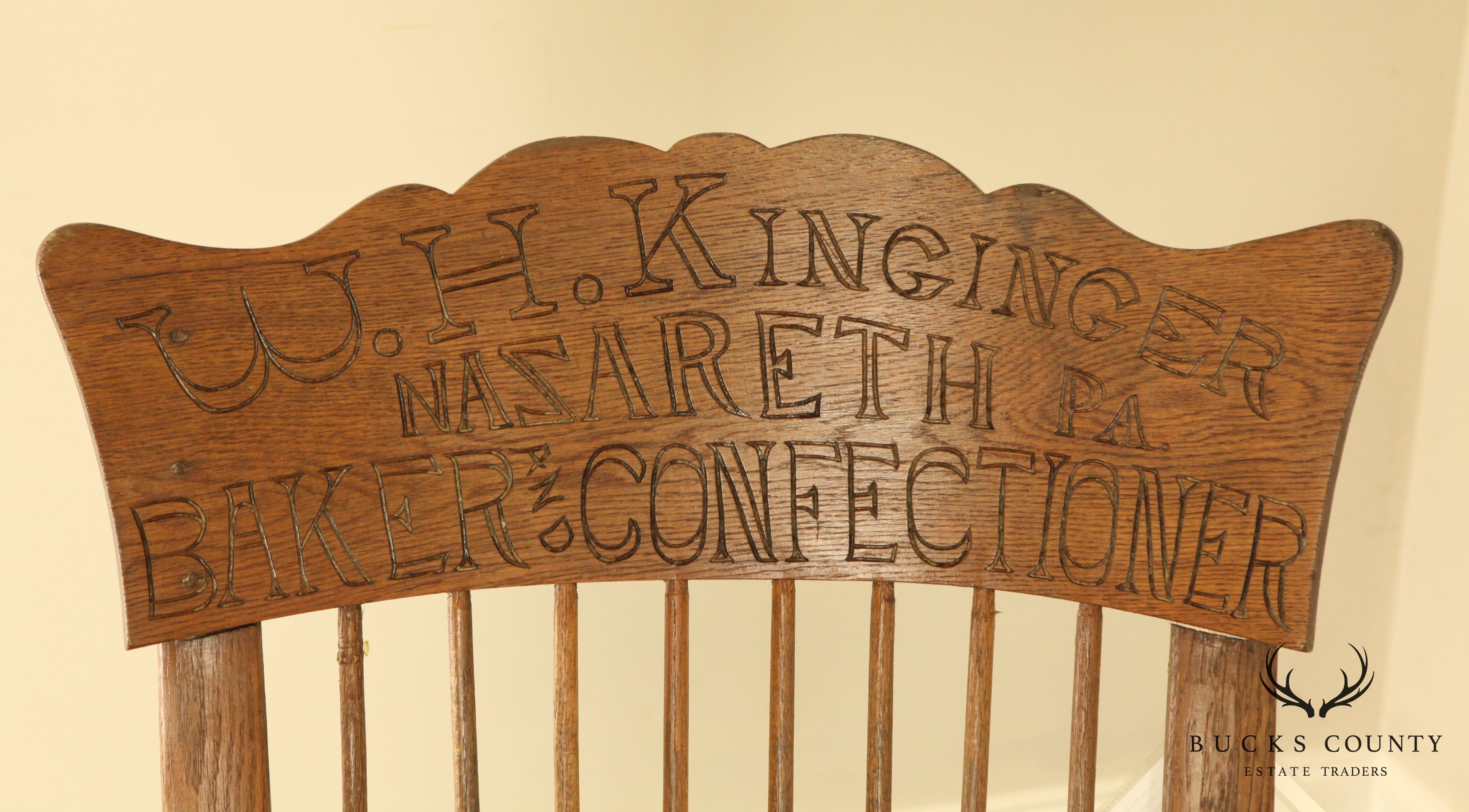 W. H. Kinginger Nazareth P. A, Baker and Confectioner Engraved Antique Oak Armchair