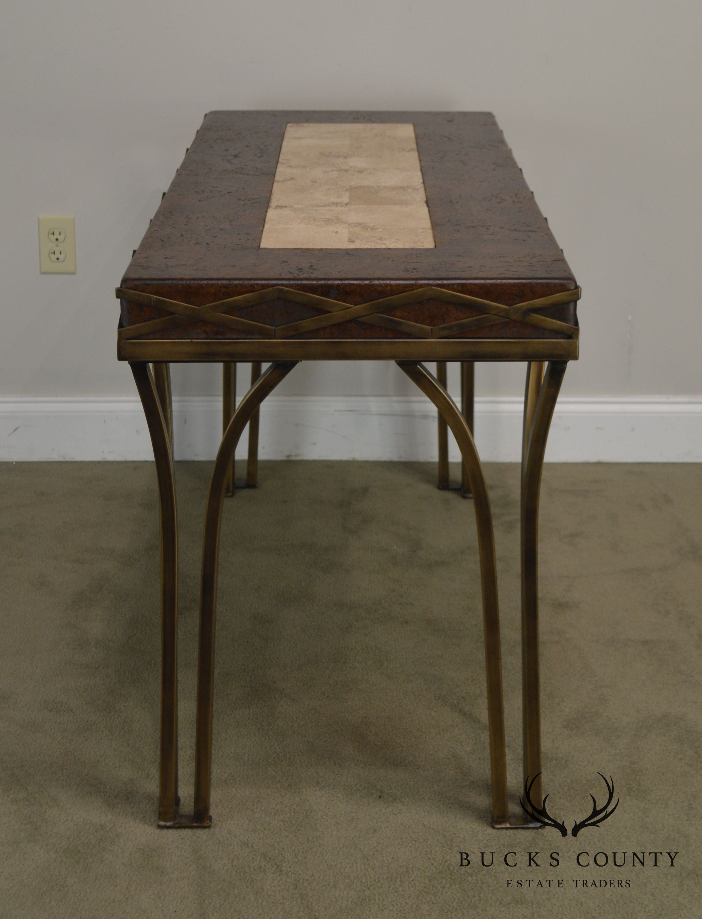 Iron Console Table with Cork and Tessellated Travertine Top