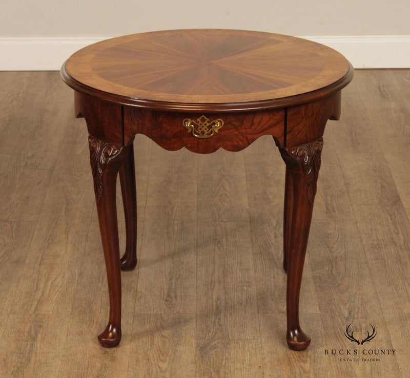 Baker Queen Anne Style Walnut Round One Drawer Side Table