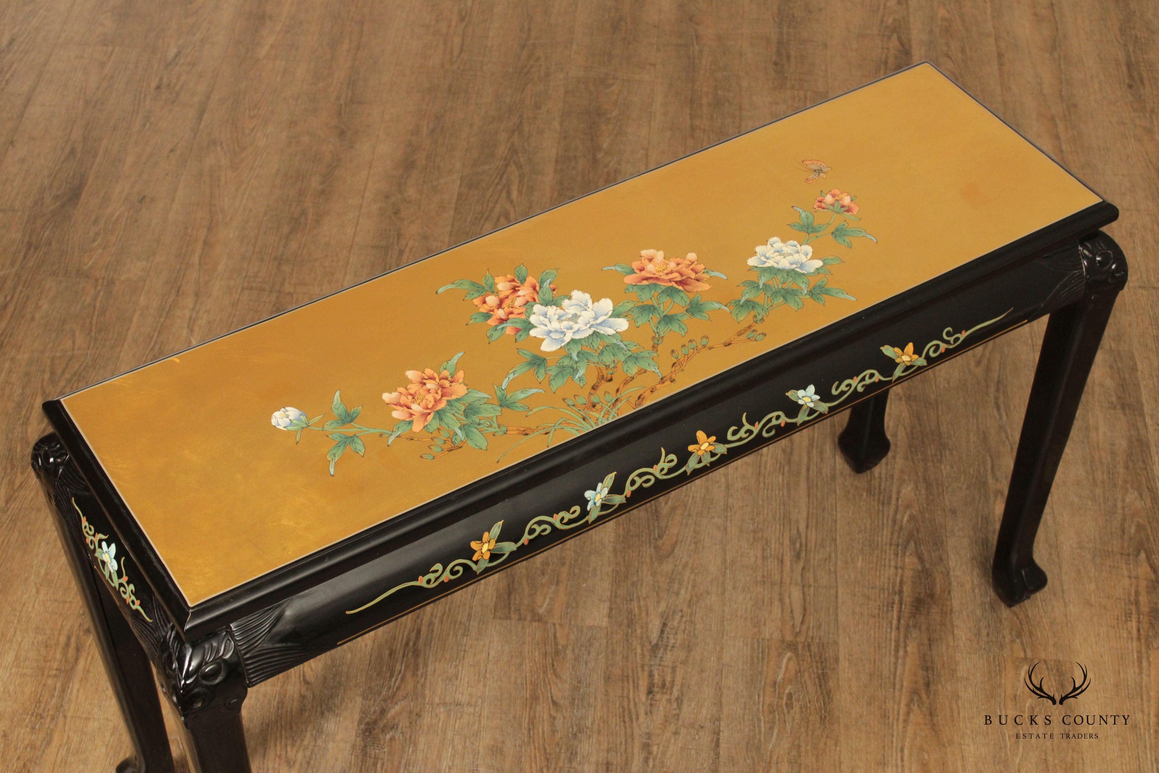 Asian Chinoiserie Lacquered Gold Leaf Console Table