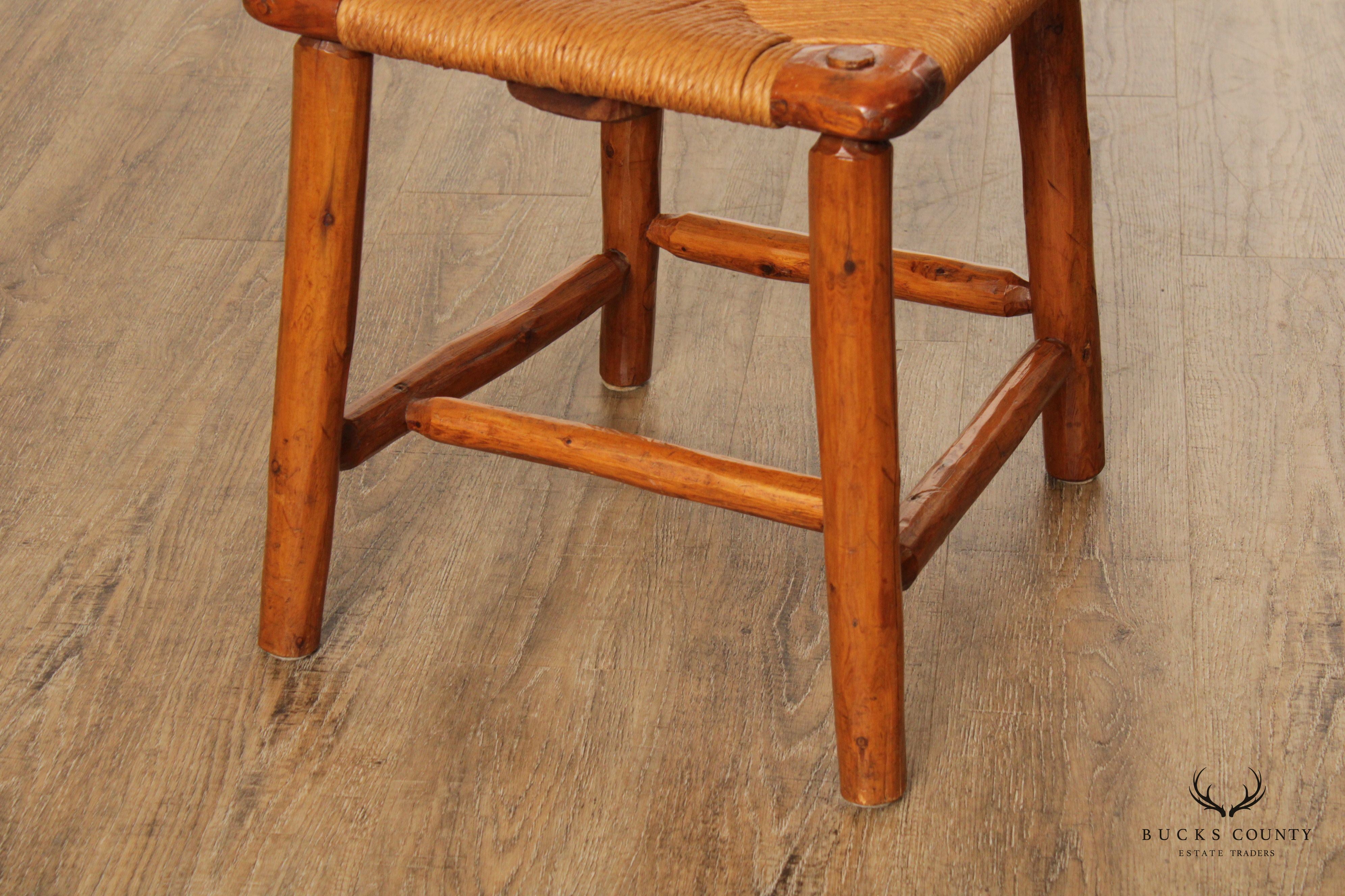 Vintage Rustic Pine Wood and Rush Seat Side Chairs