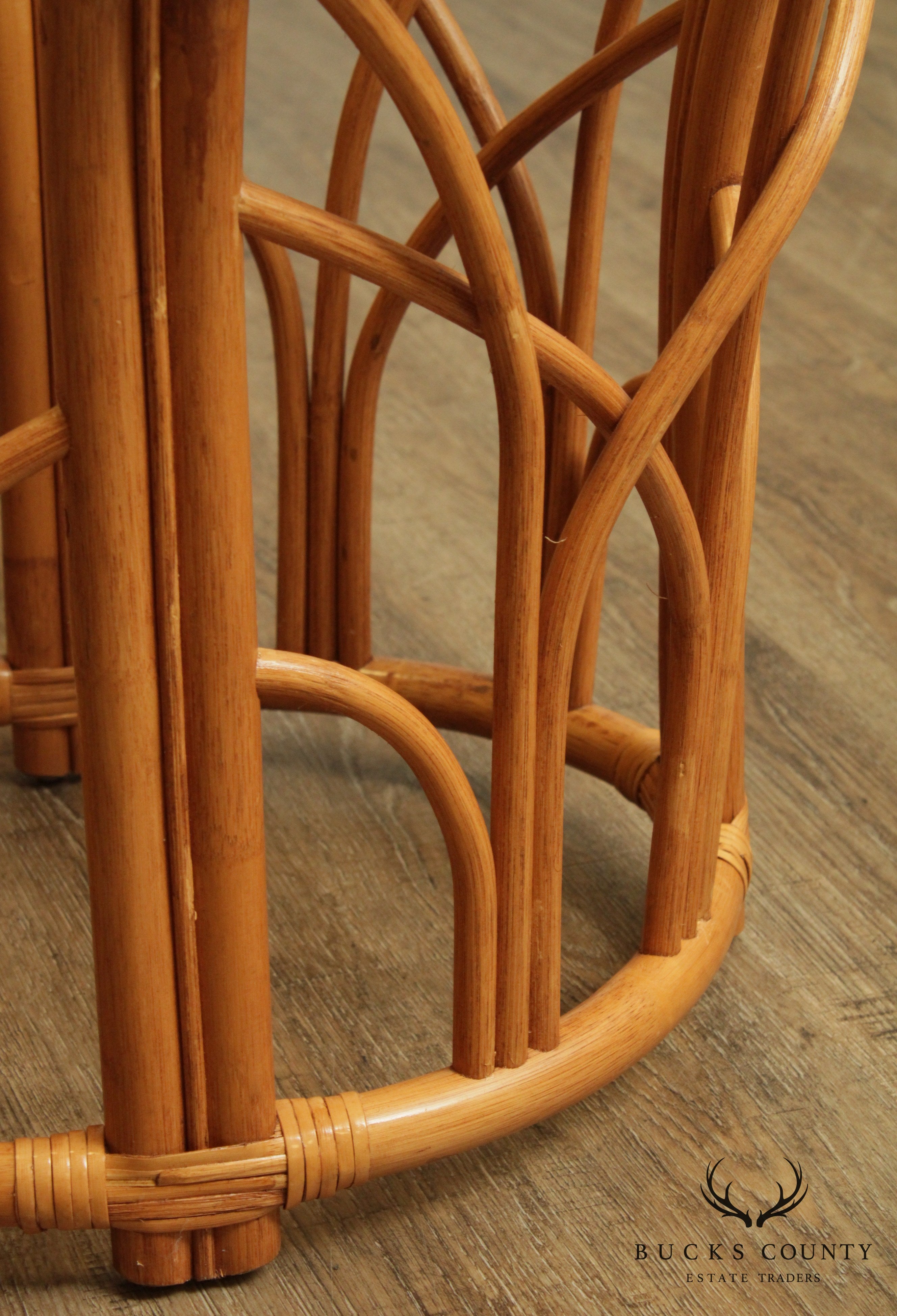 Quality Vintage Pair Rattan Round Glass Top Side Tables