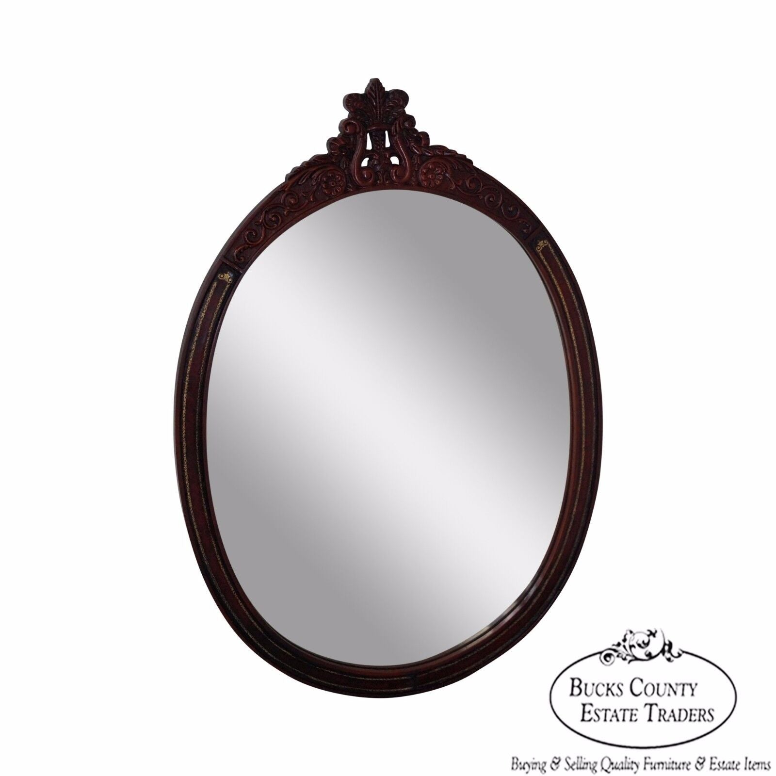 Carved Mahogany & Tooled Leather Oval Wall Mirror circa 1950s