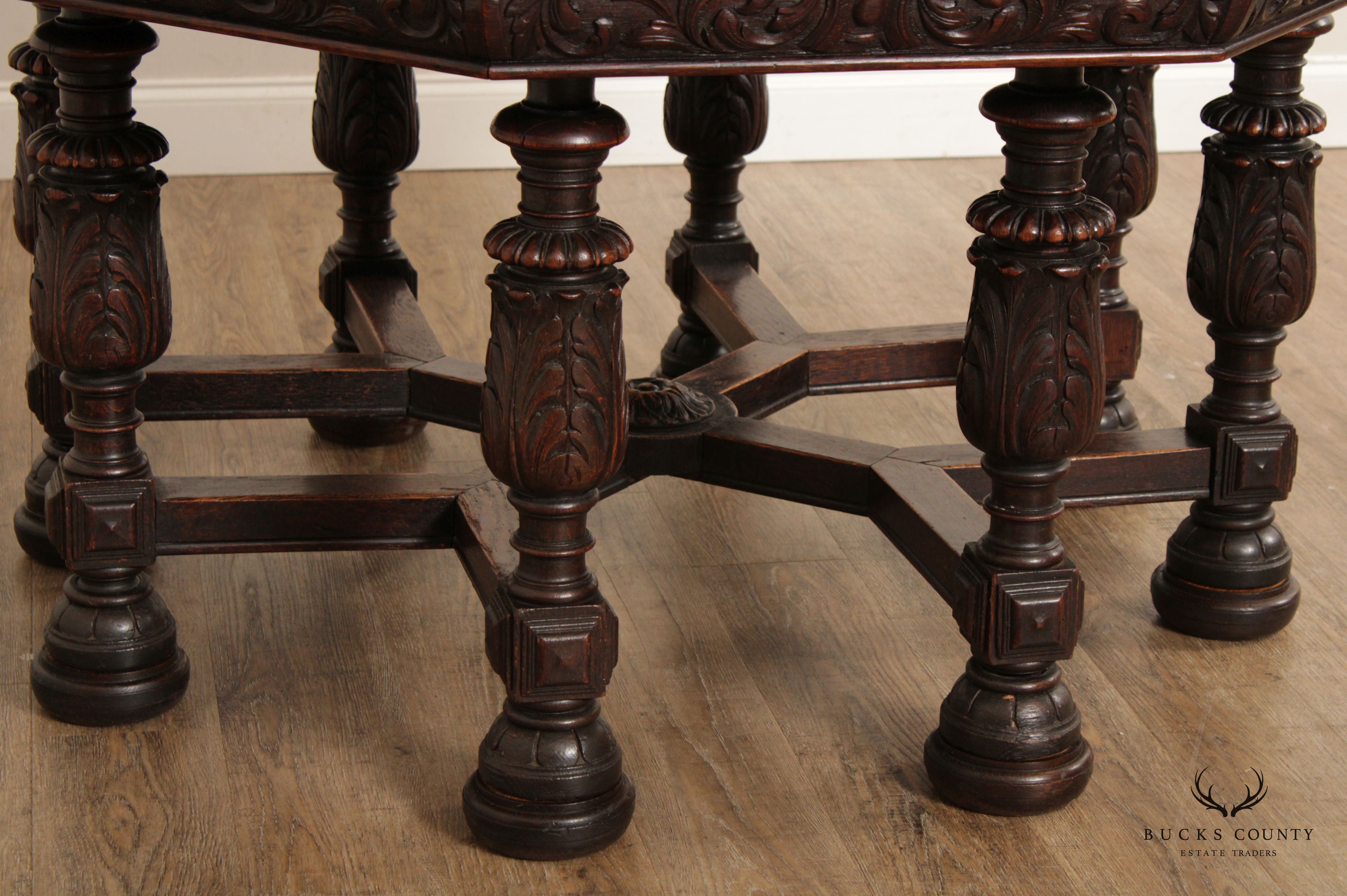 Antique French Renaissance Revival Carved Oak Octagonal Leather Top Center Table