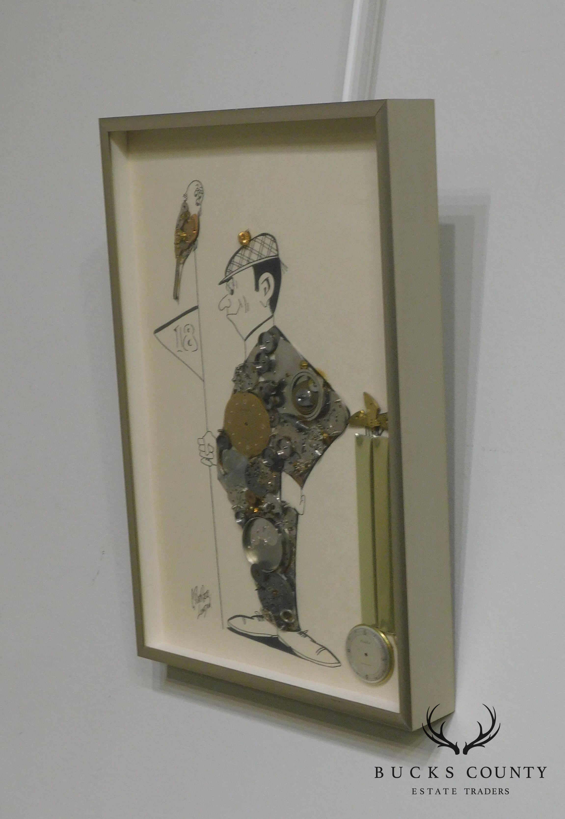 Framed Horological Collage Signed G. Burgess, London. Golfer at 18th Hole with Birdie