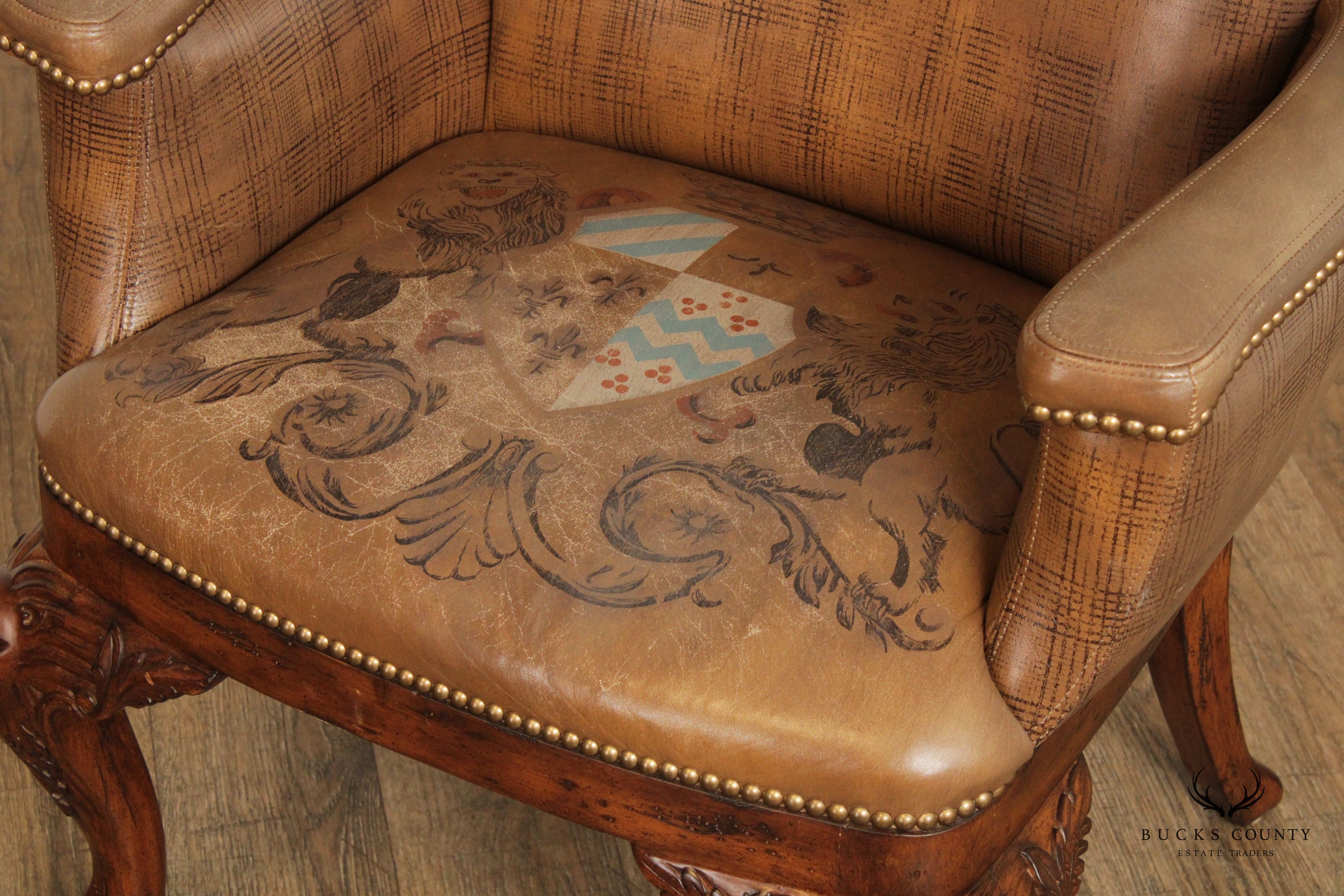 Ferguson Copeland Georgian Style Carved Wood and Tooled Leather Armchair