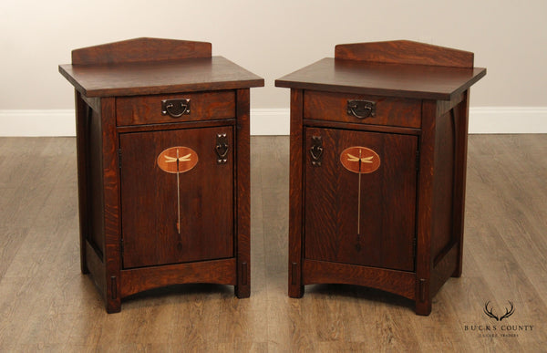 Mission Style Pair Of Custom Quality Inlaid Nightstands After Harvey Ellis