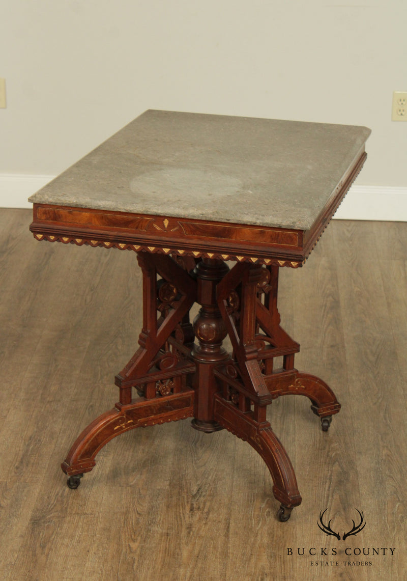 Antique Victorian Eastlake Walnut Marble Top Parlor Table
