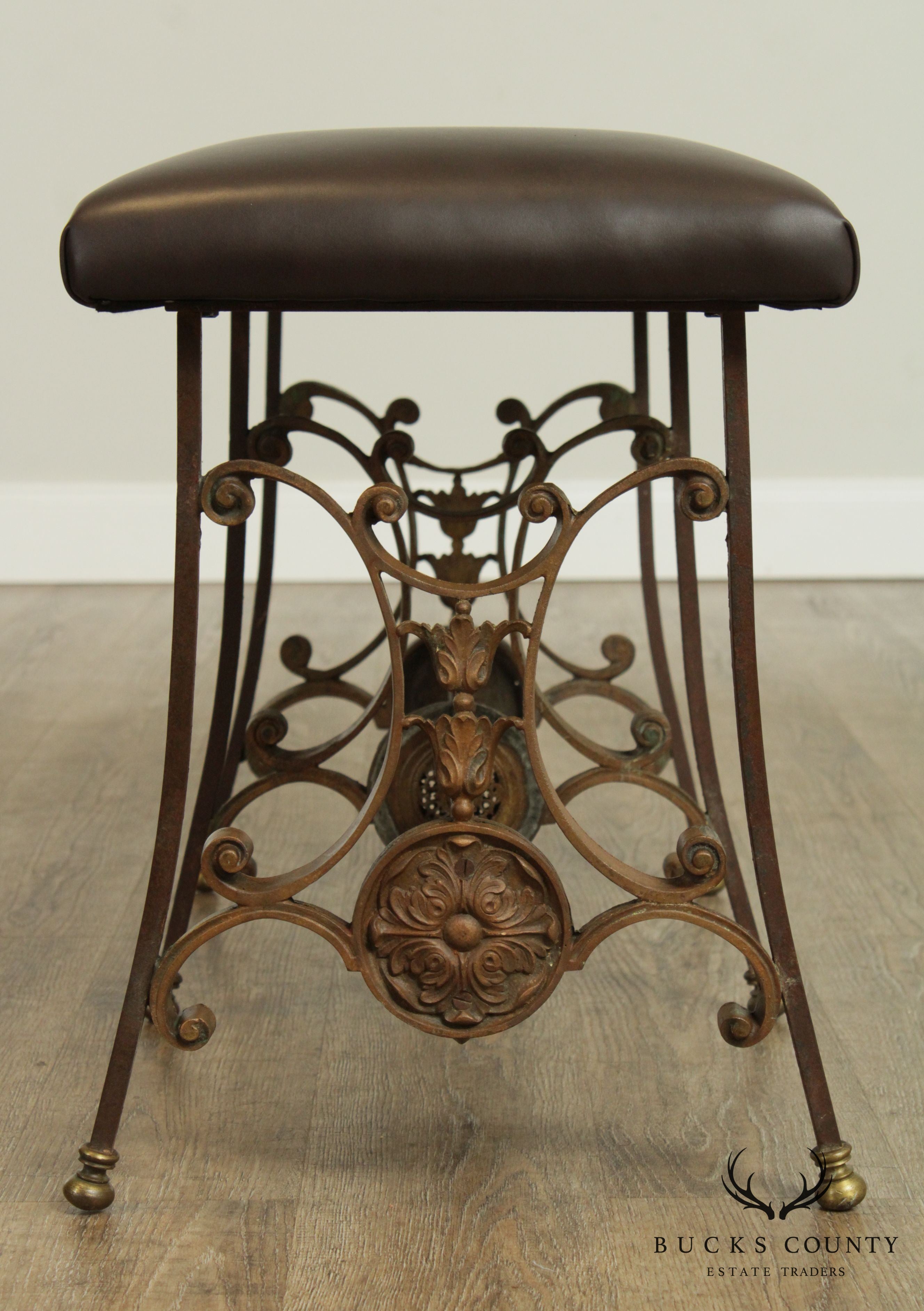 Antique Wrought Iron Leather Seat Bench