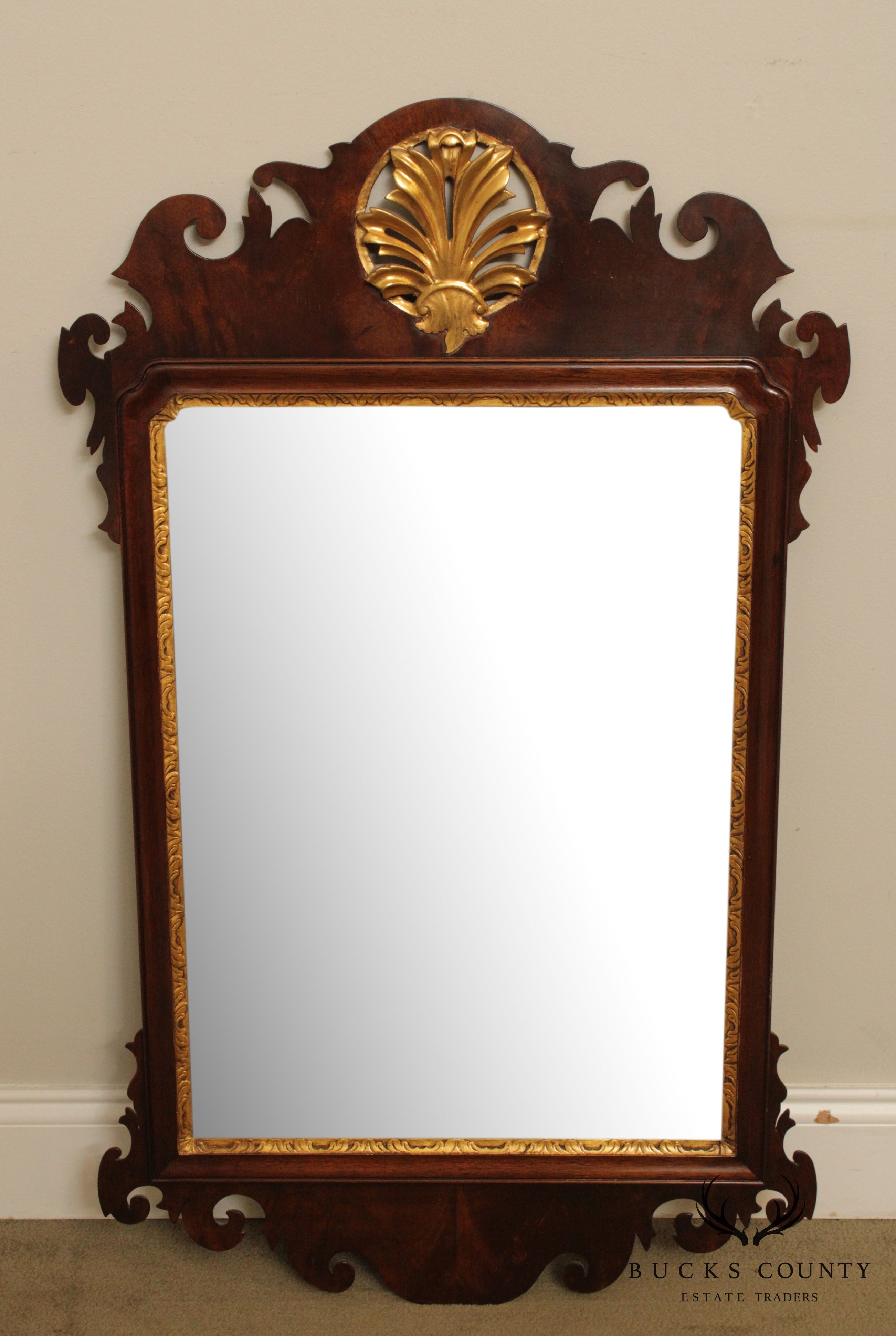 Chippendale Style Custom Quality Mahogany Partial Gilt Mirror