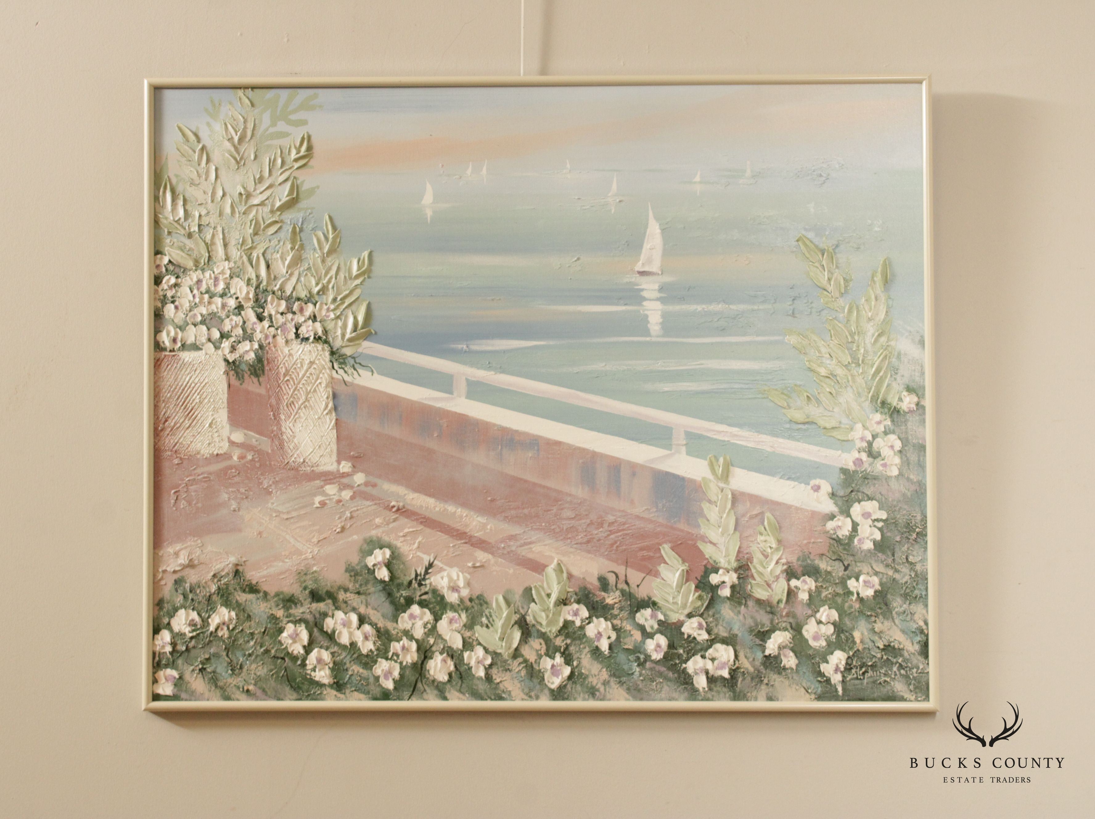 Late 20th C. Impasto Coastal Balcony Landscape Original Painting, Signed