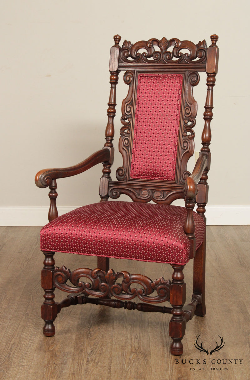 Jacobean Revival Vintage Set 6 Carved Walnut Dining Chairs