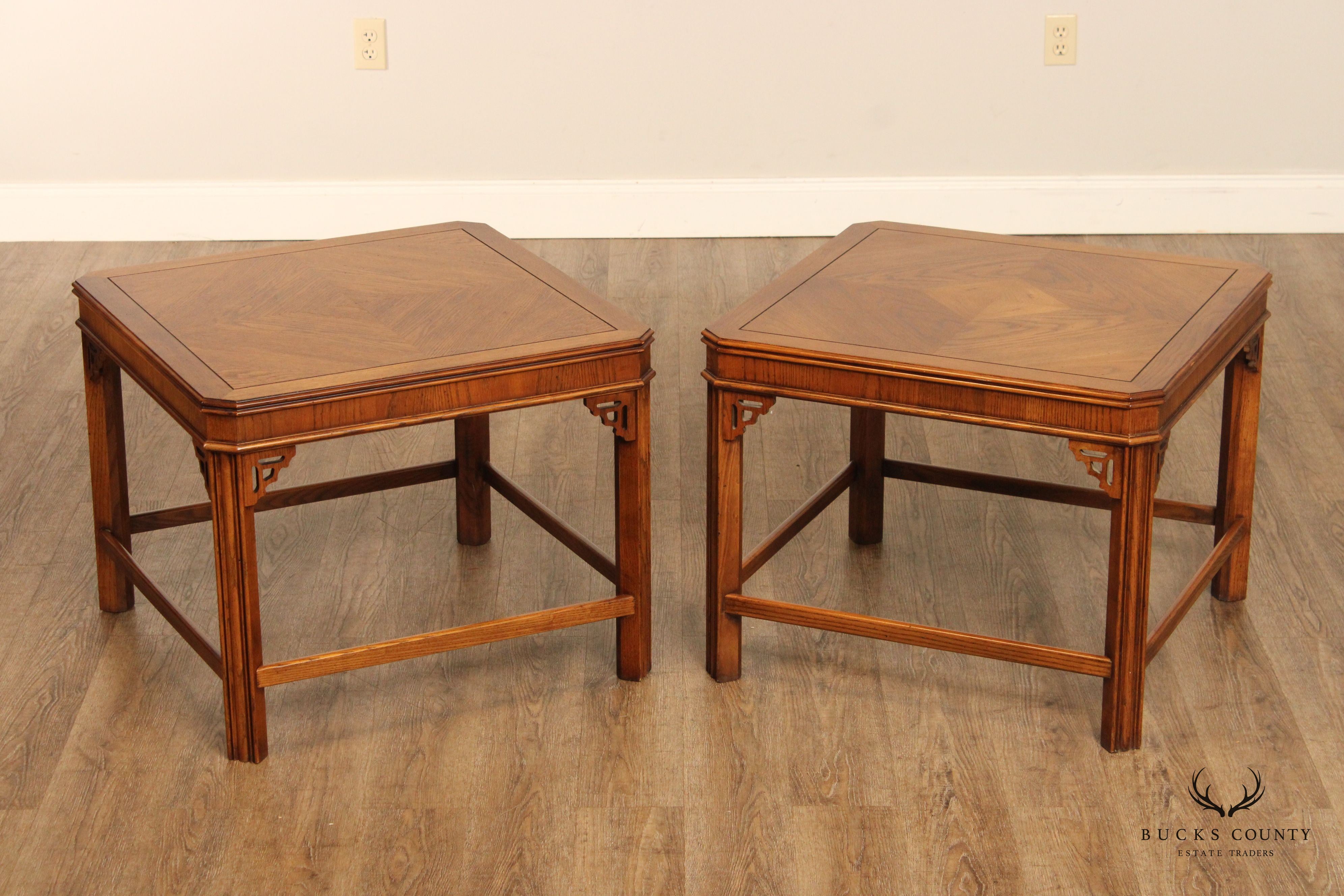 Lane Chinese Chippendale Style Pair of Square Oak End Tables