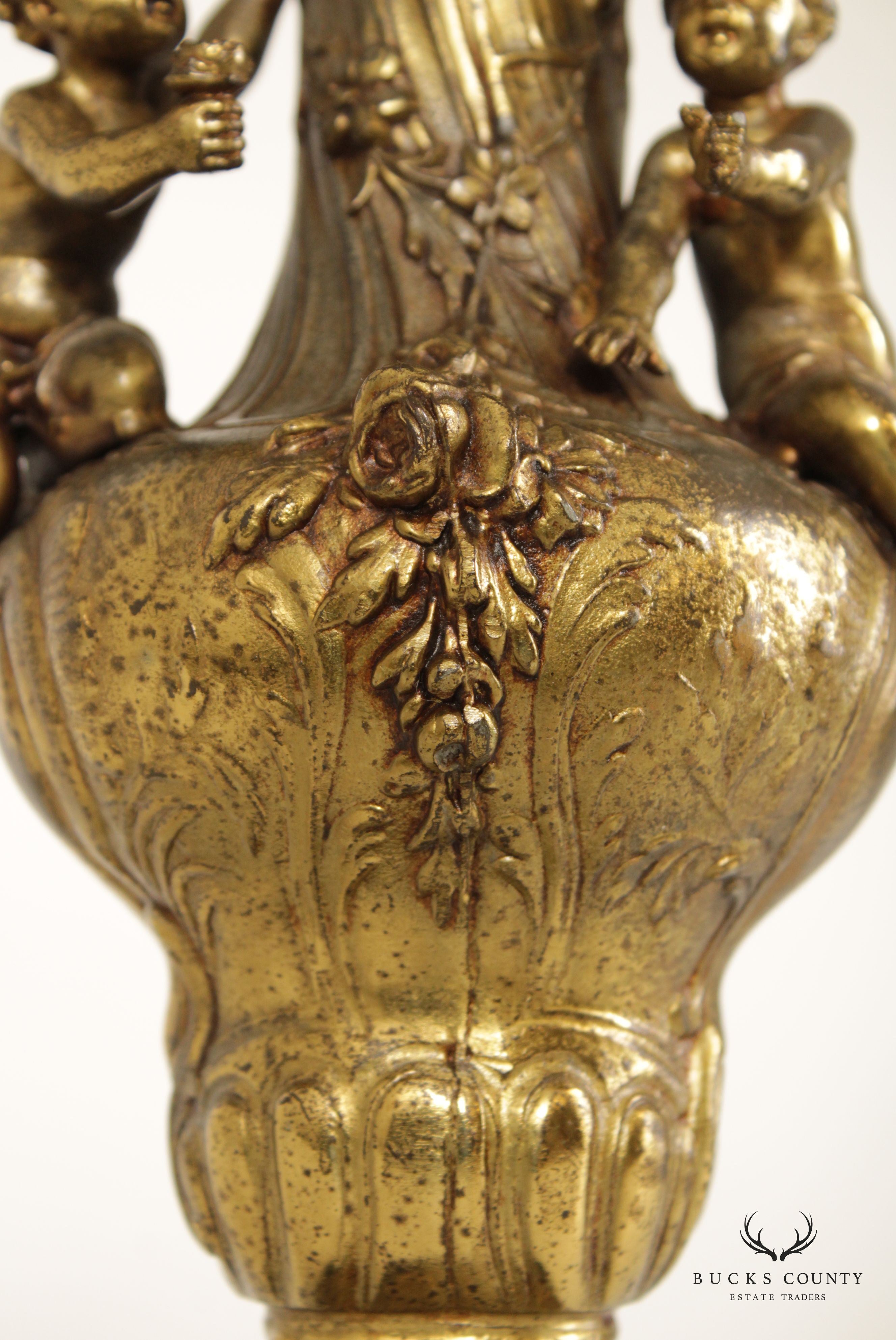 French Rococo Style Gilt Putti Table Lamp with Silk Shade