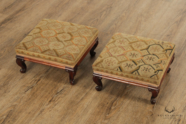 French Louis XV Style Antique Pair of Carved Walnut Footstools
