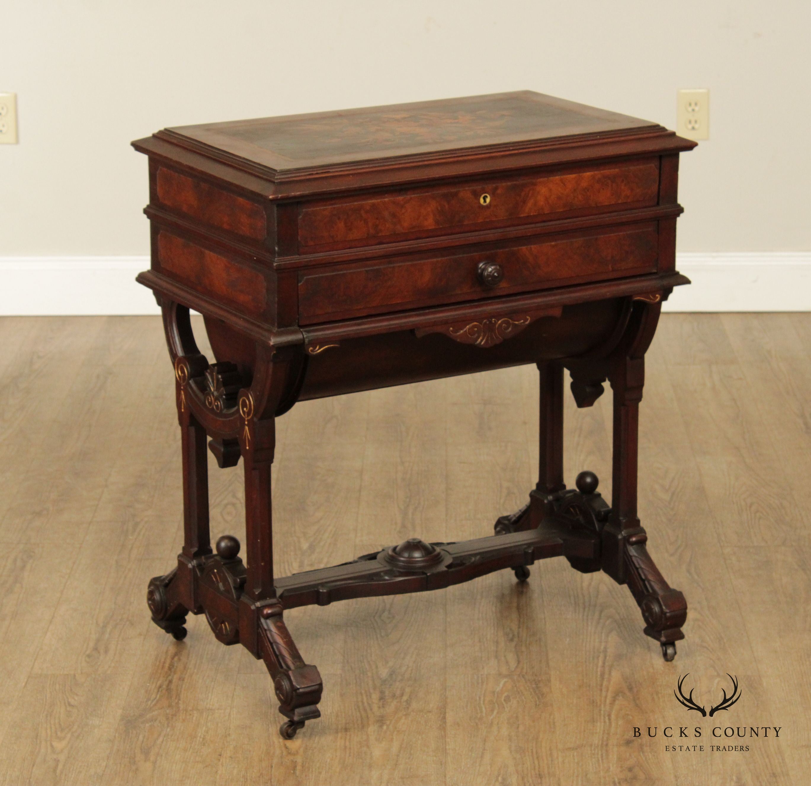 Antique Victorian George Hess Inlaid Walnut Sewing Stand or Dressing Table