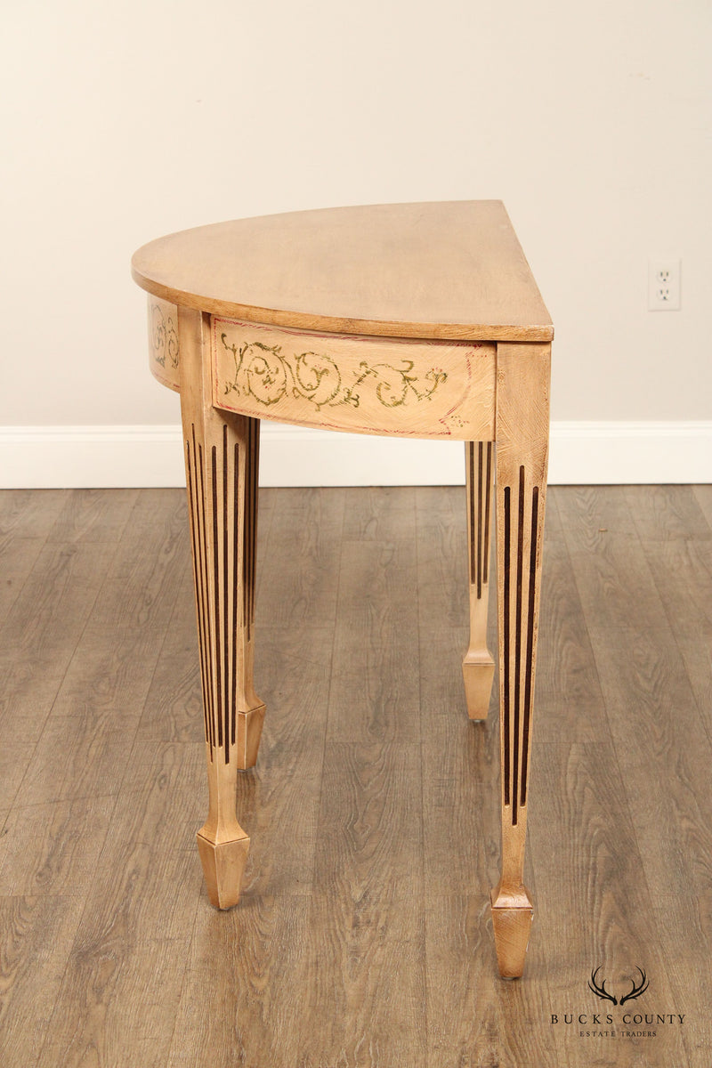 Adam Style Pair of Paint Decorated Demilune Console Tables