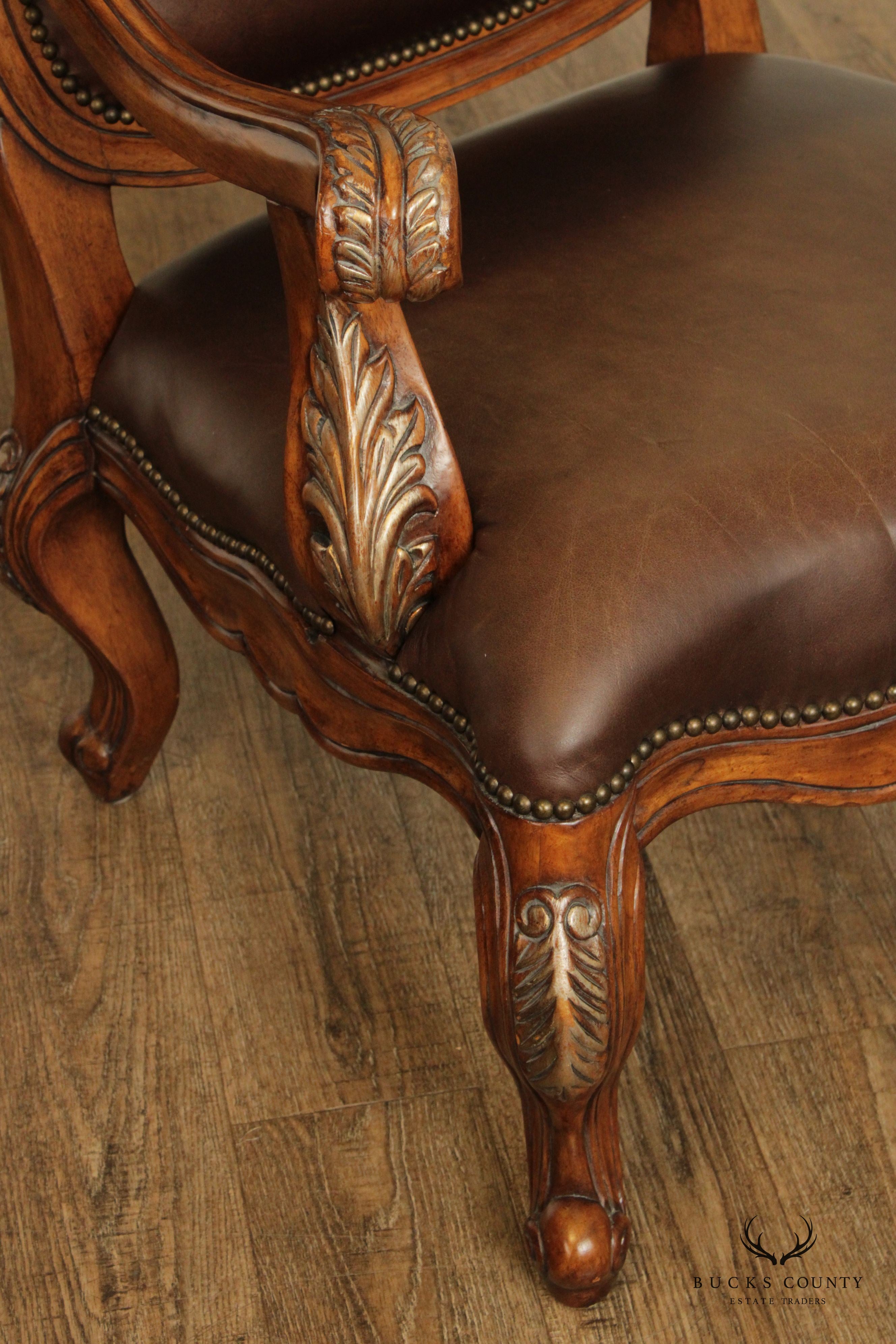 French Provincial Style Pair of Shell-Carved Leather Armchairs and Ottomans