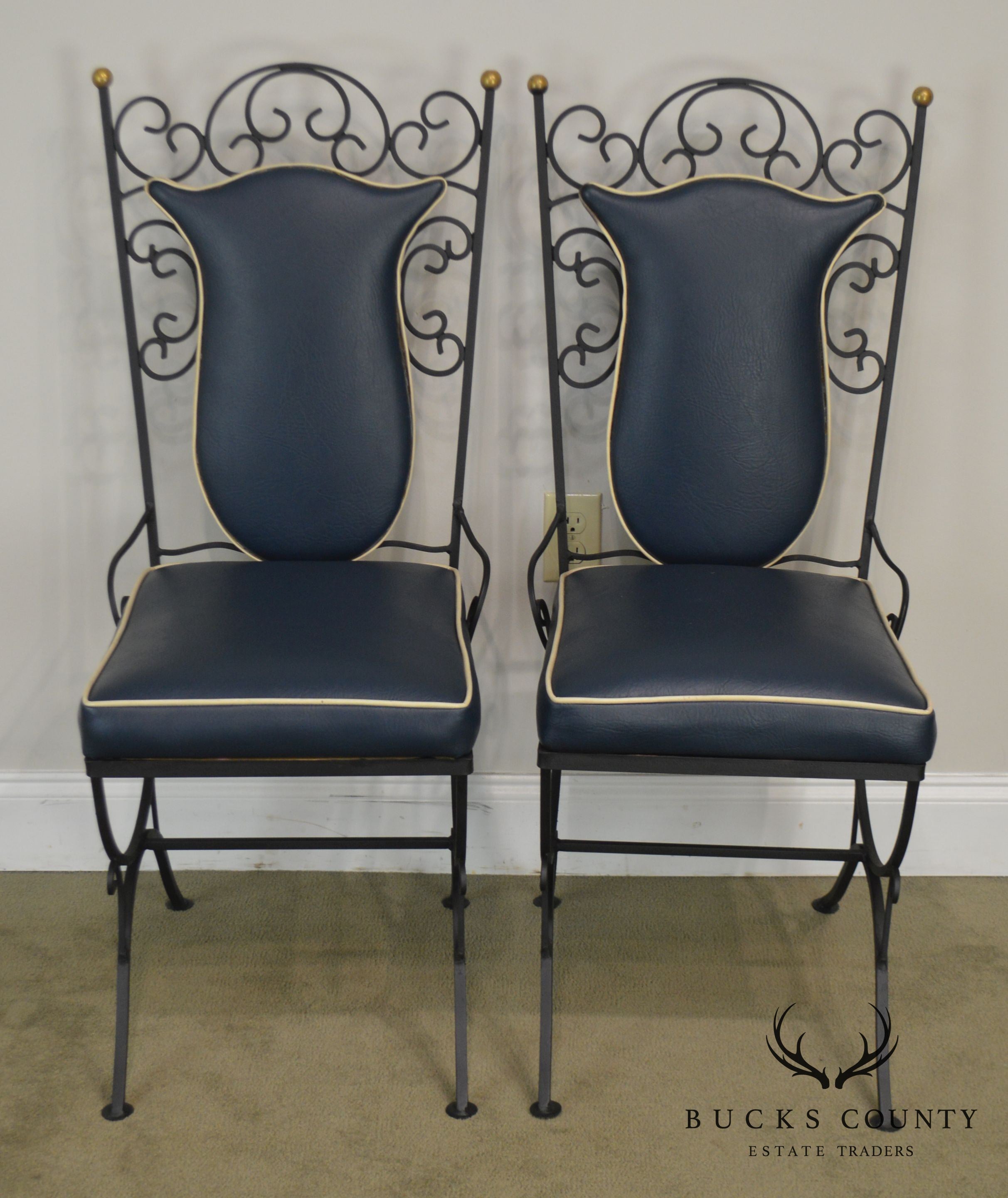 1950's Vintage Scrolled Wrought Iron & Vinyl Pair Side Chairs