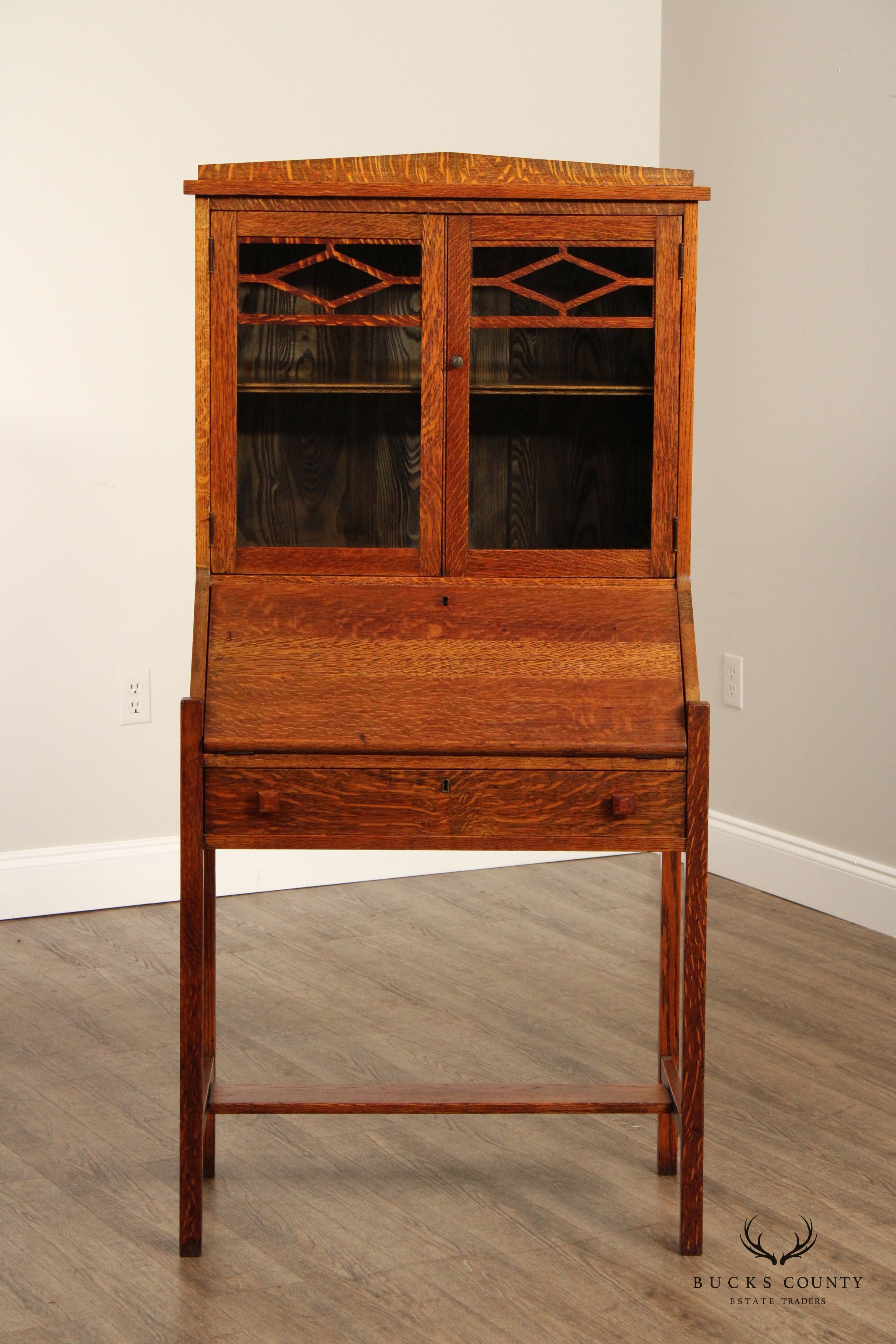 Antique Arts and Crafts Oak Drop Front Secretary Desk