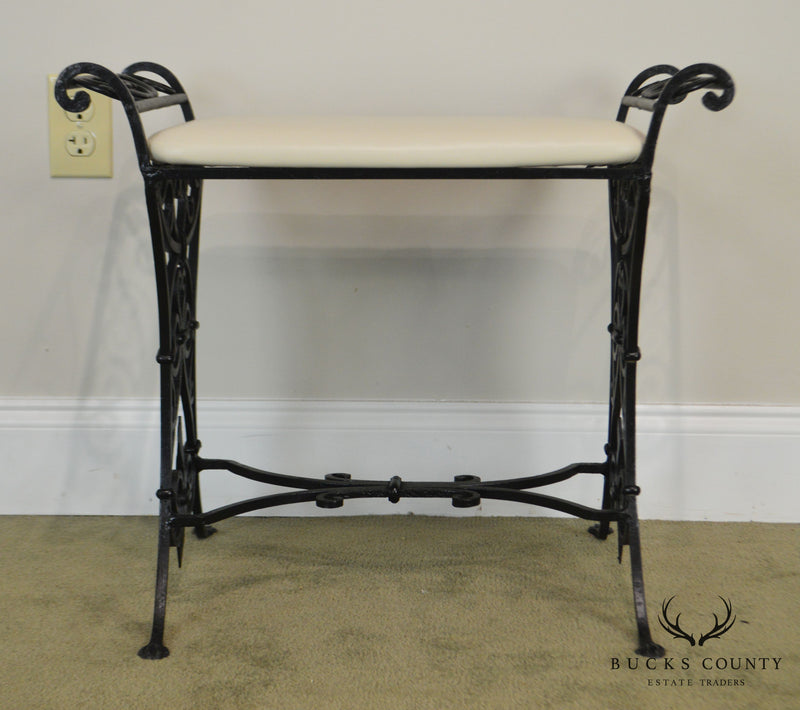 Wrought Iron Art Deco Period Vintage Leather Seat Bench