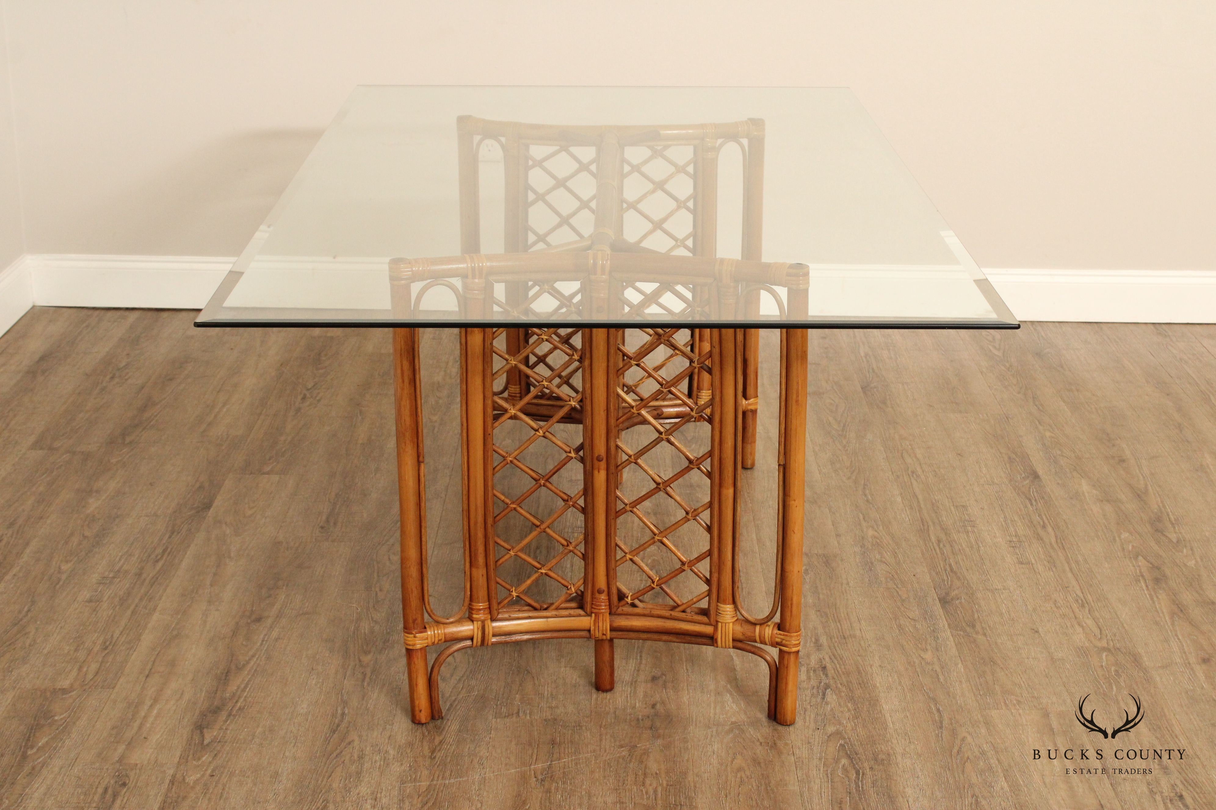 Hollywood Regency Glass Top Bamboo Rattan Dining Table